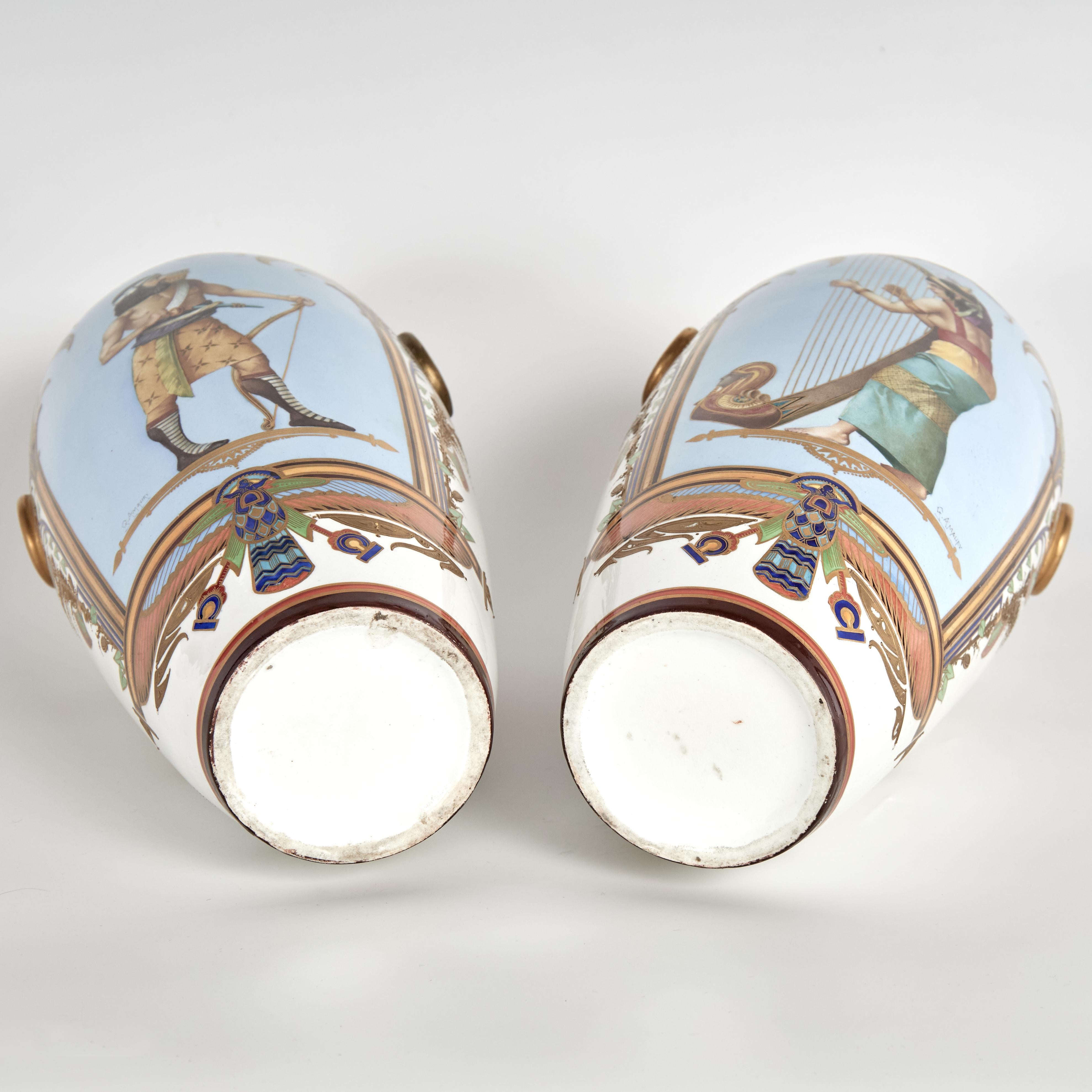 Pair of Antique French Porcelain Egyptian Revival Vases For Sale 12