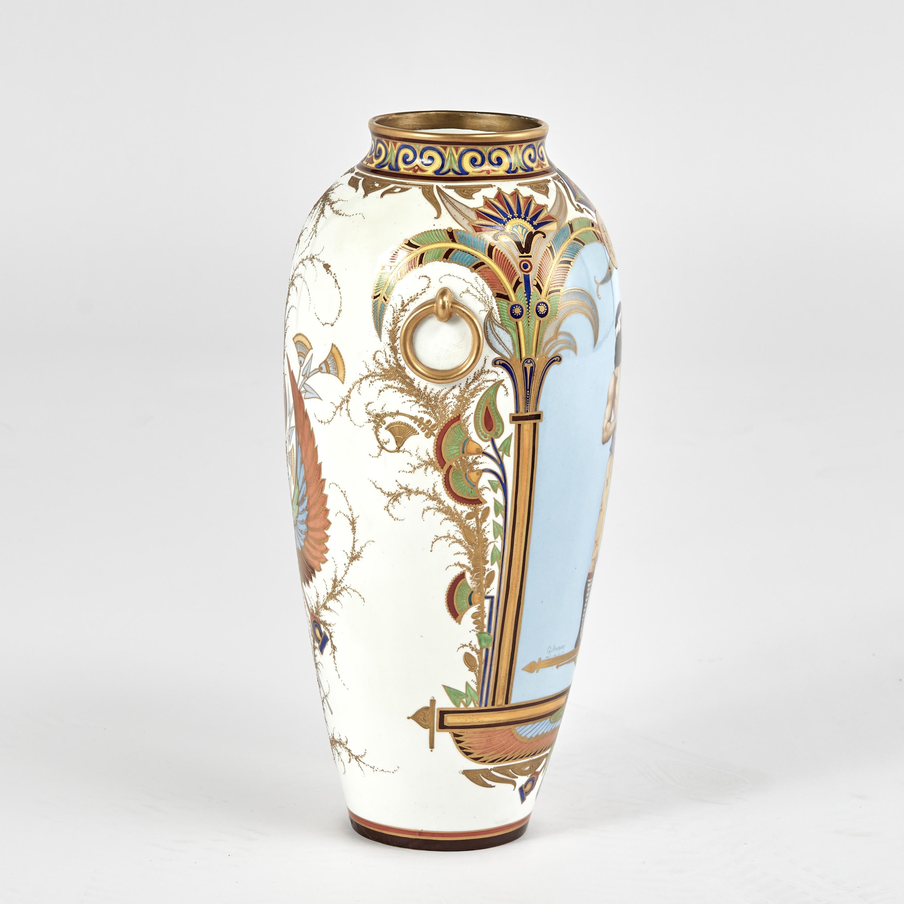 Hand-Painted Pair of Antique French Porcelain Egyptian Revival Vases For Sale