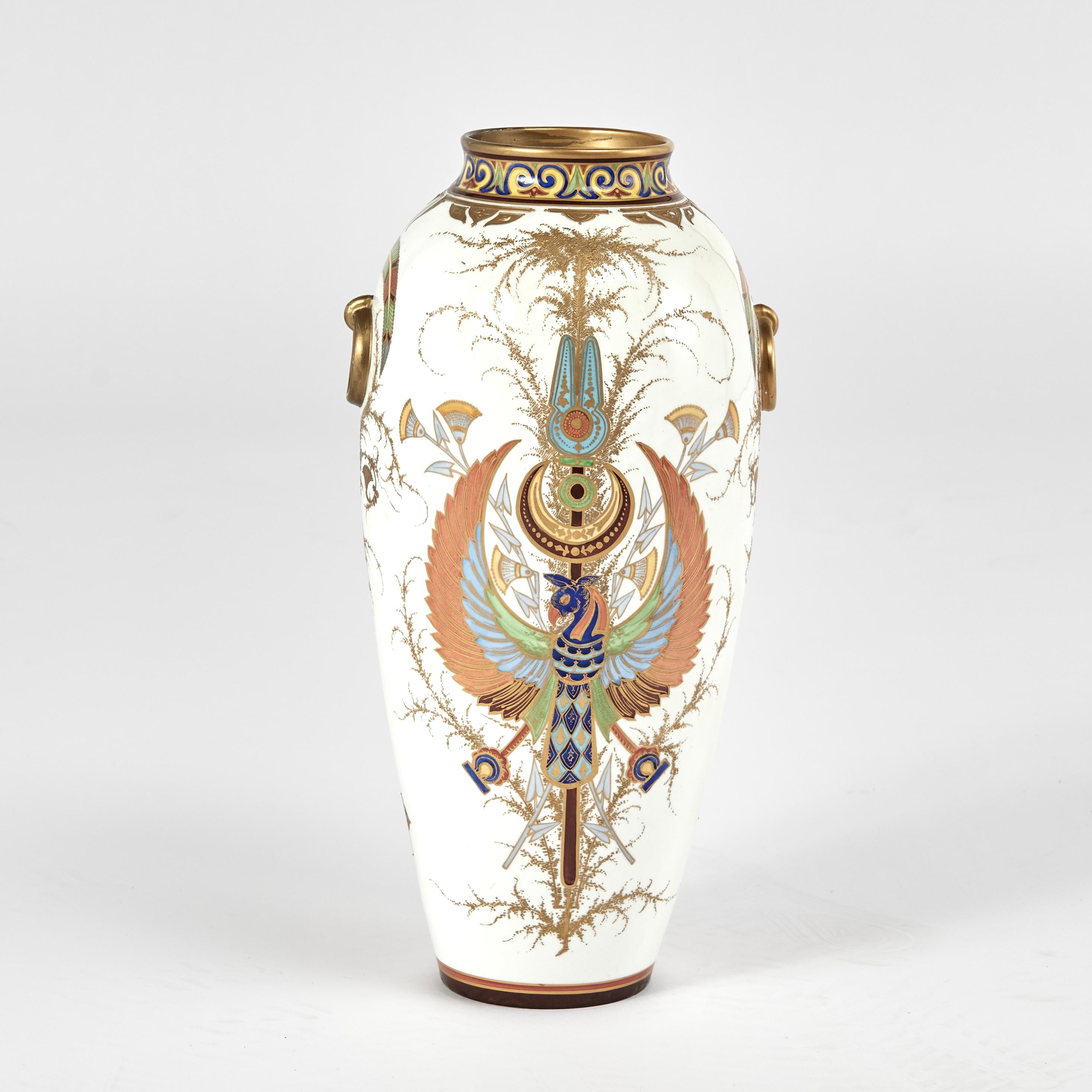 Pair of Antique French Porcelain Egyptian Revival Vases In Good Condition For Sale In Palm Beach, FL
