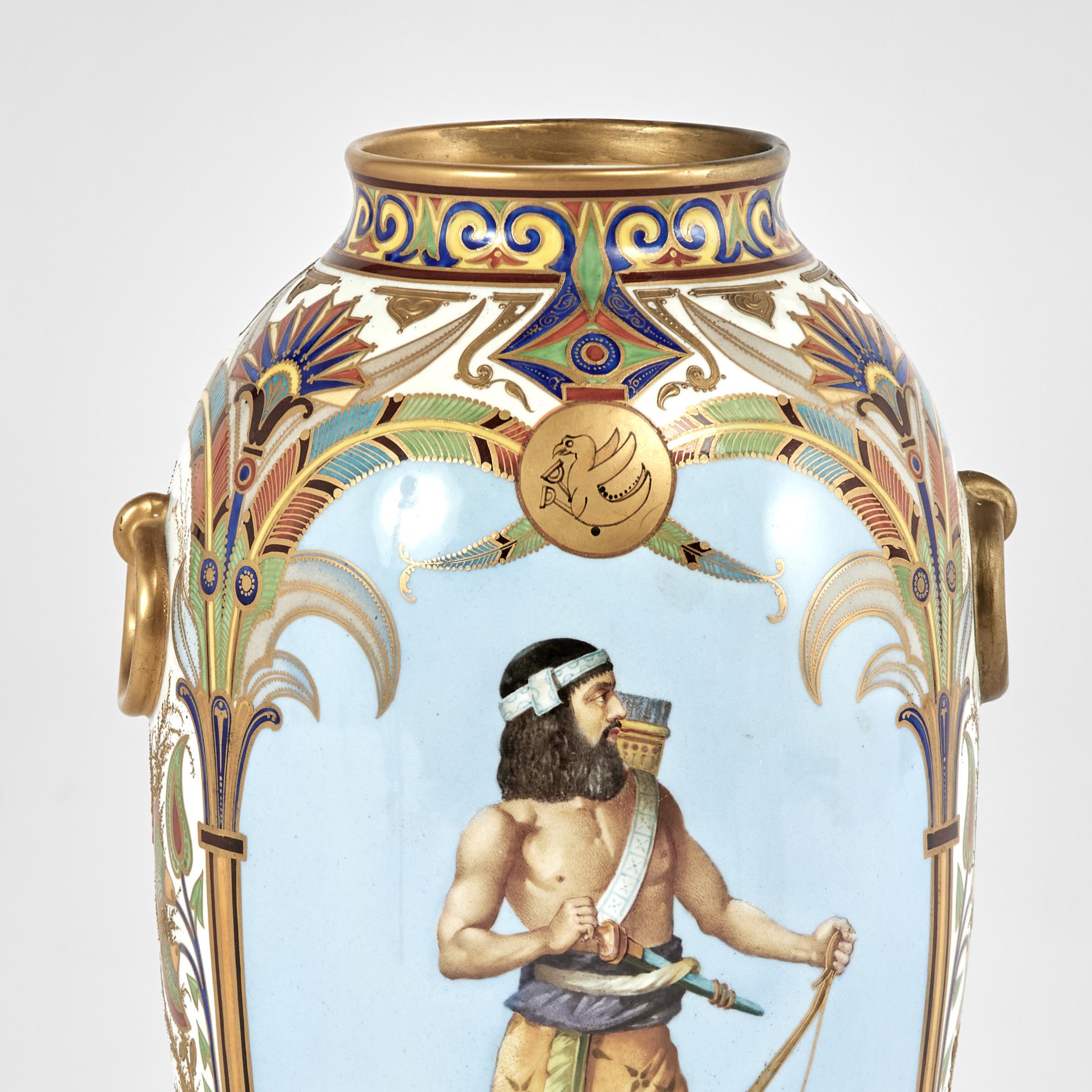 Pair of Antique French Porcelain Egyptian Revival Vases For Sale 1