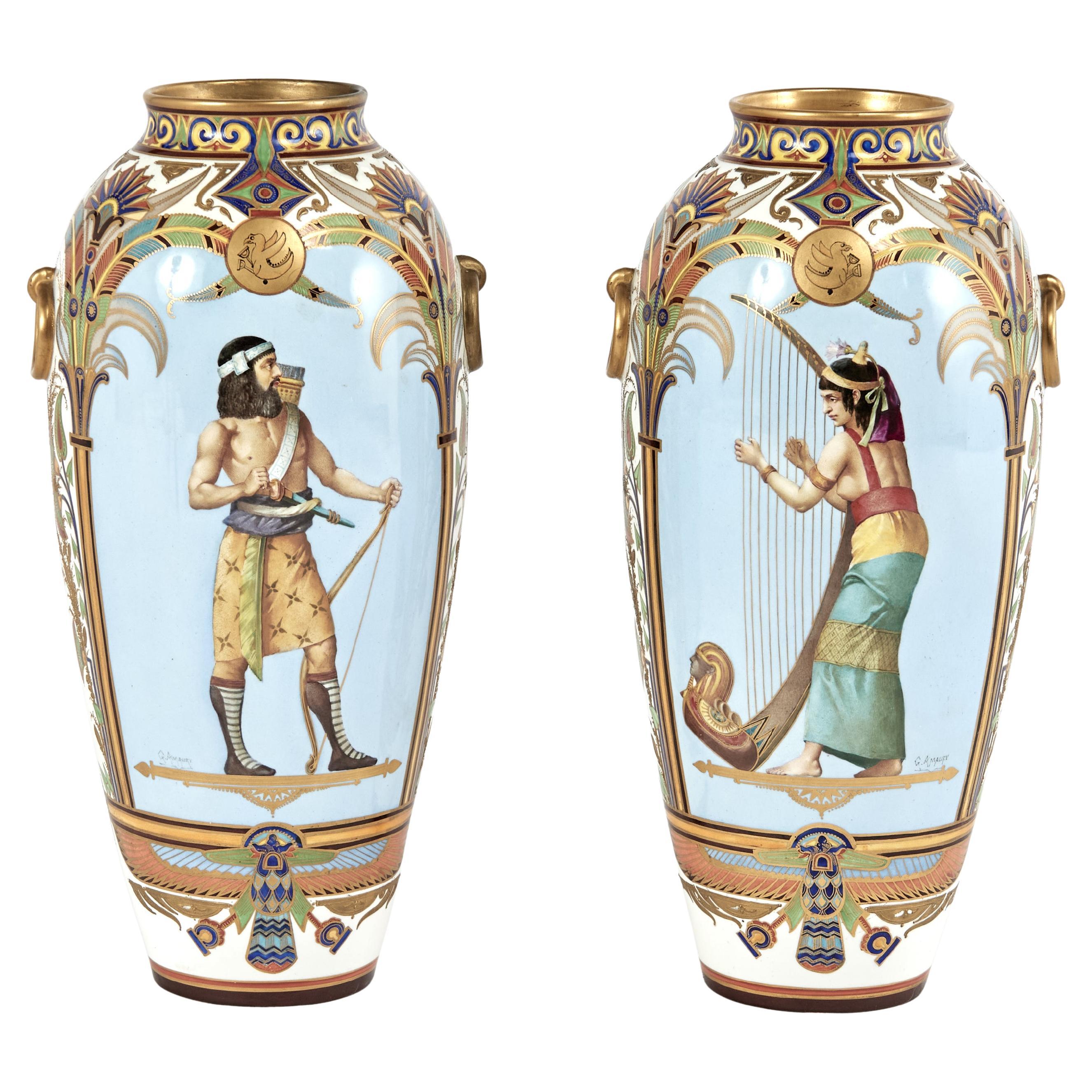 Pair of Antique French Porcelain Egyptian Revival Vases For Sale