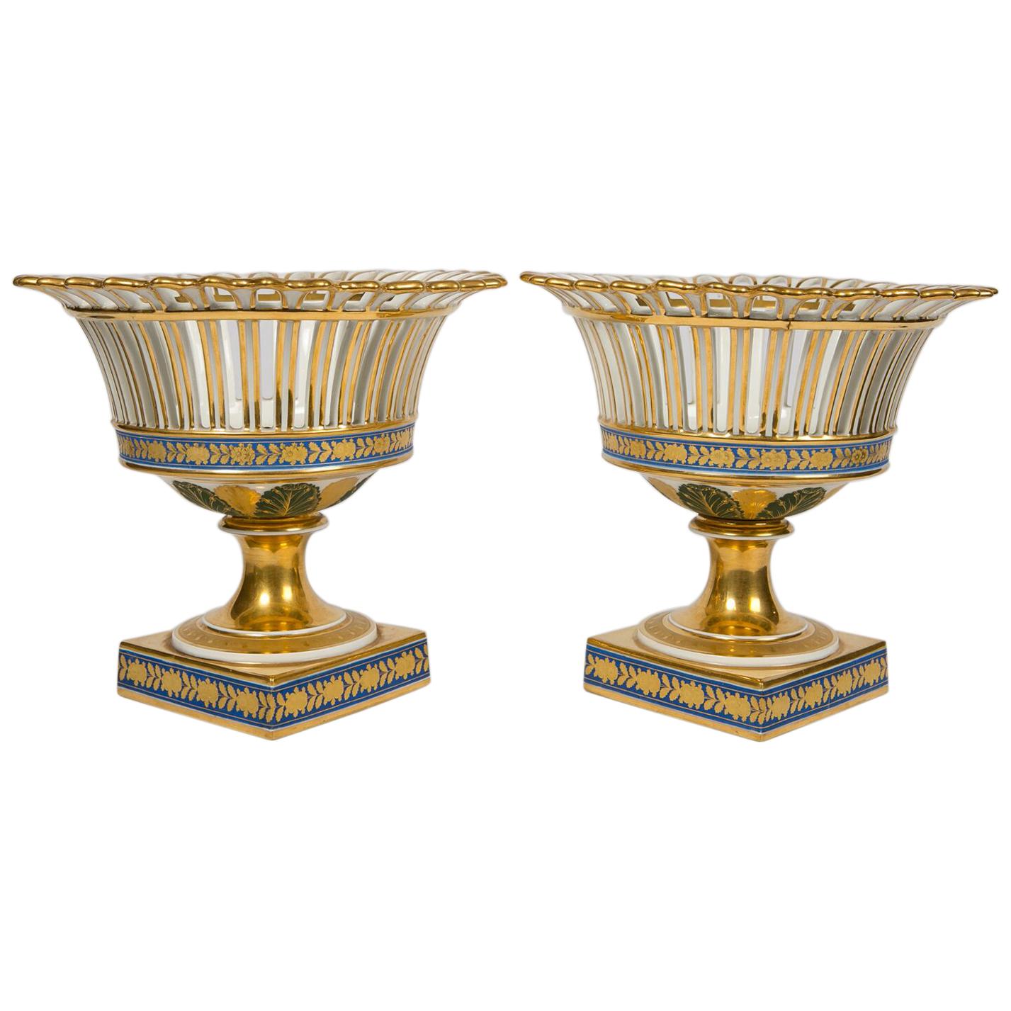 Pair of Antique French Porcelain Gilded Baskets 'Corbeilles' Mid 19th Century
