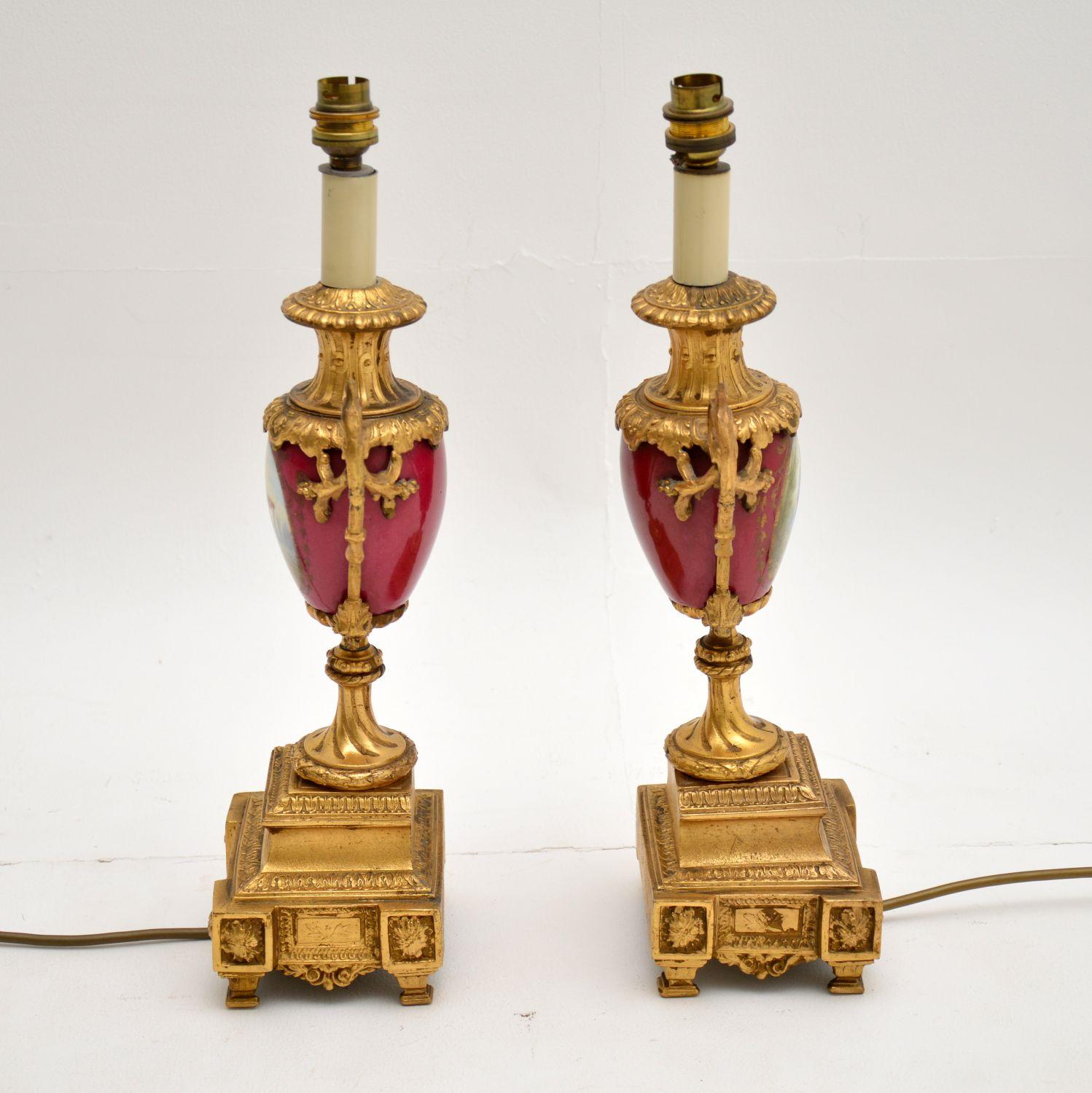 Pair of Antique French Porcelain & Gilt Metal Table Lamps 3