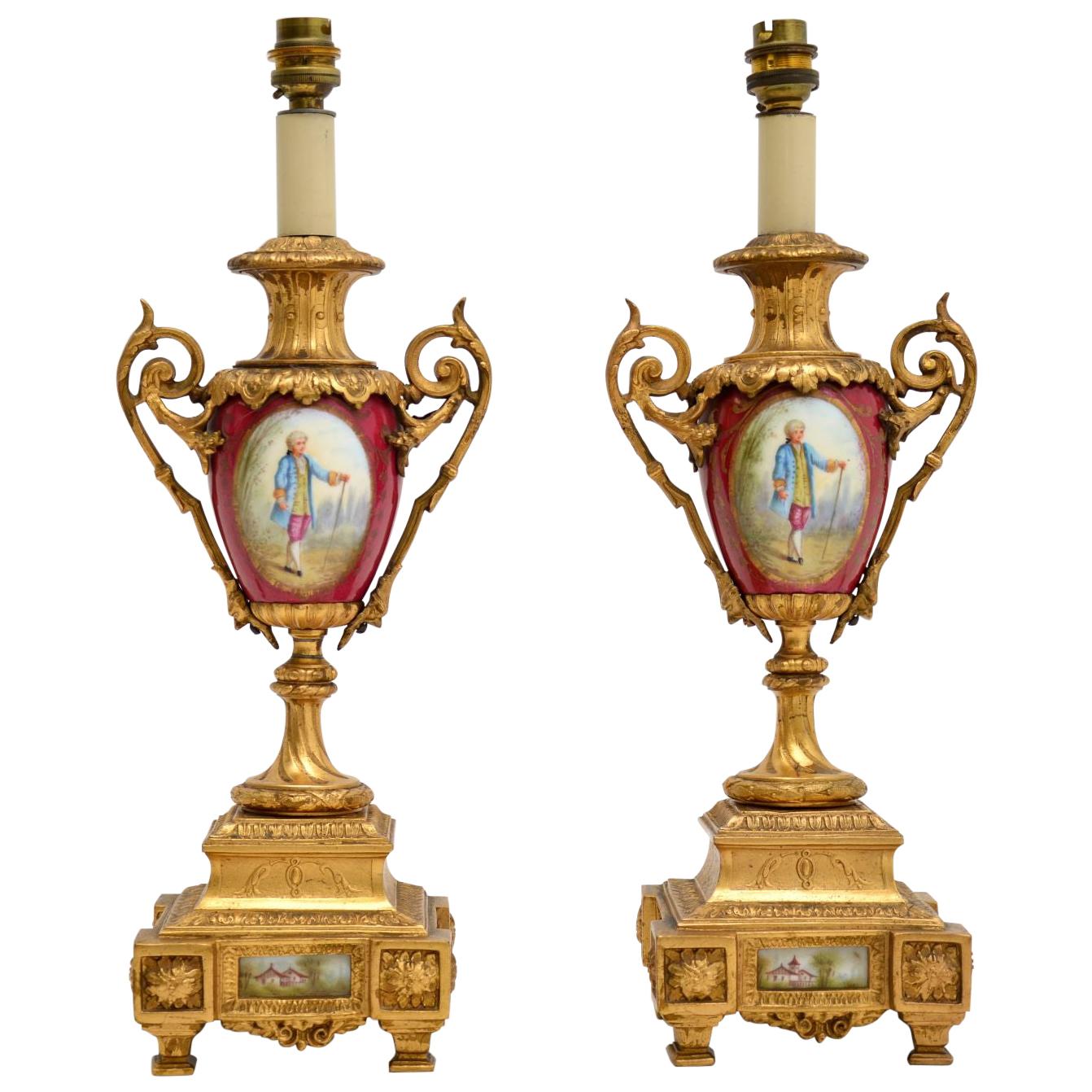 Pair of Antique French Porcelain & Gilt Metal Table Lamps