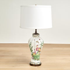 Pair of Antique French Porcelain Table Lamps with Birds and Bugs