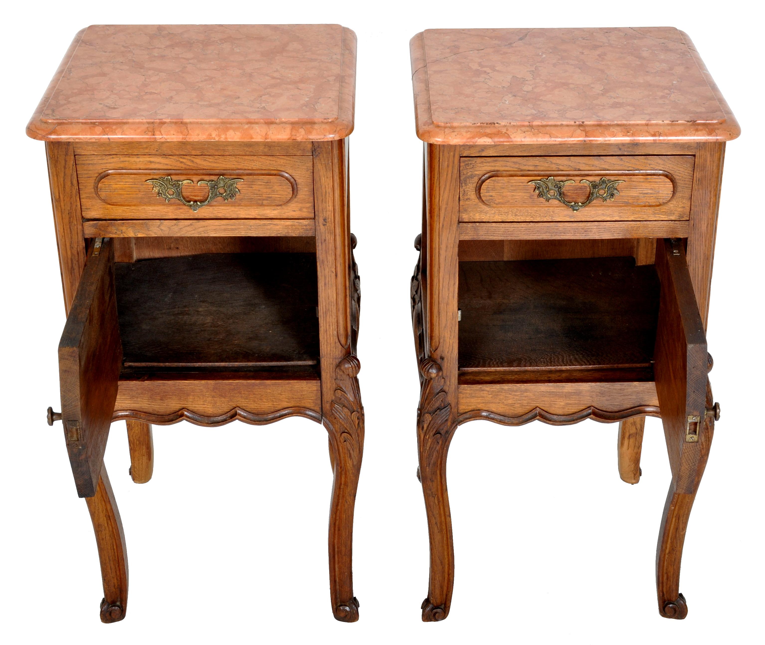 Pair of Antique French Provincial Carved Oak Marble-Top Nightstands, circa 1890 5