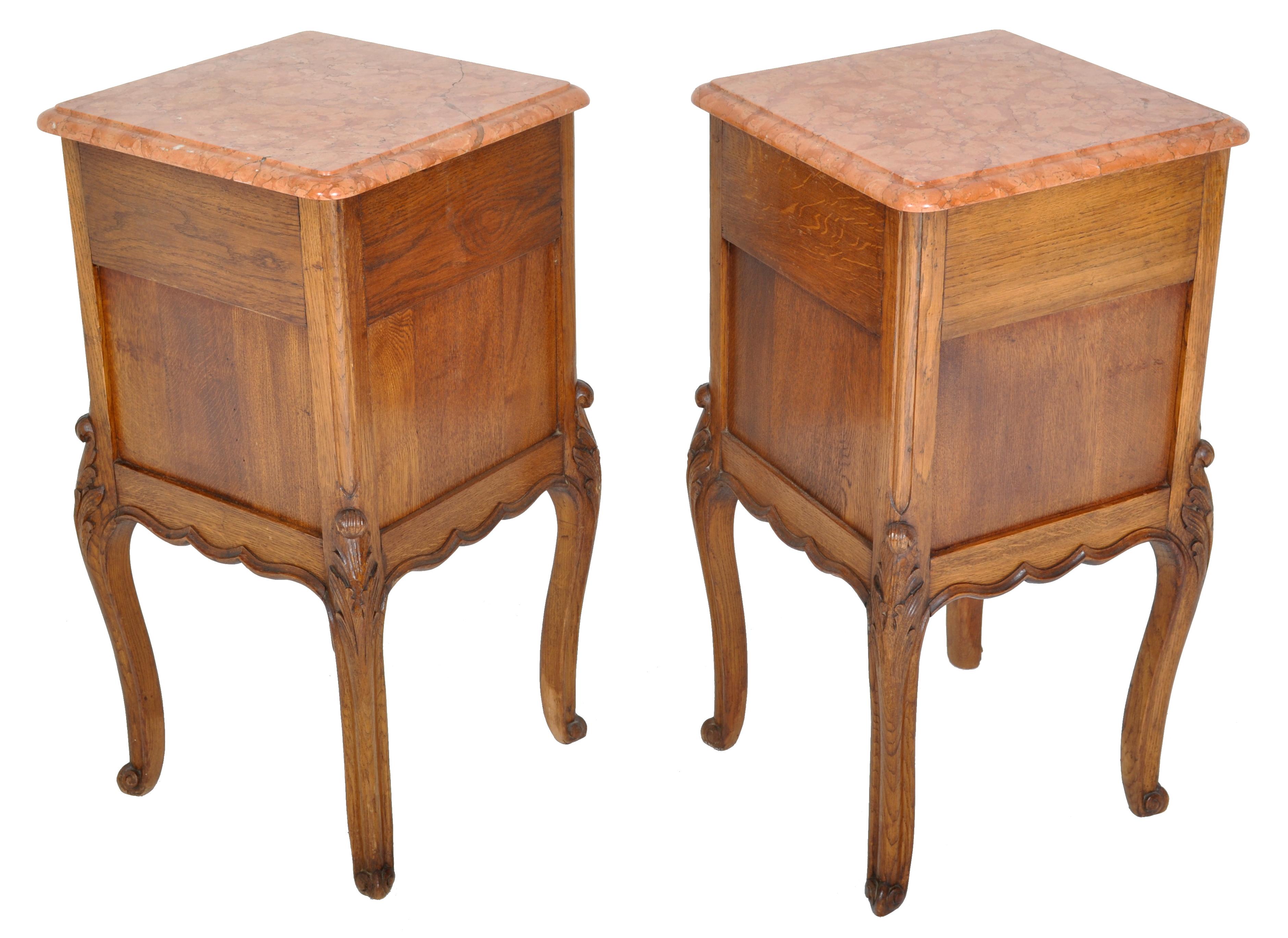 Pair of Antique French Provincial Carved Oak Marble-Top Nightstands, circa 1890 6