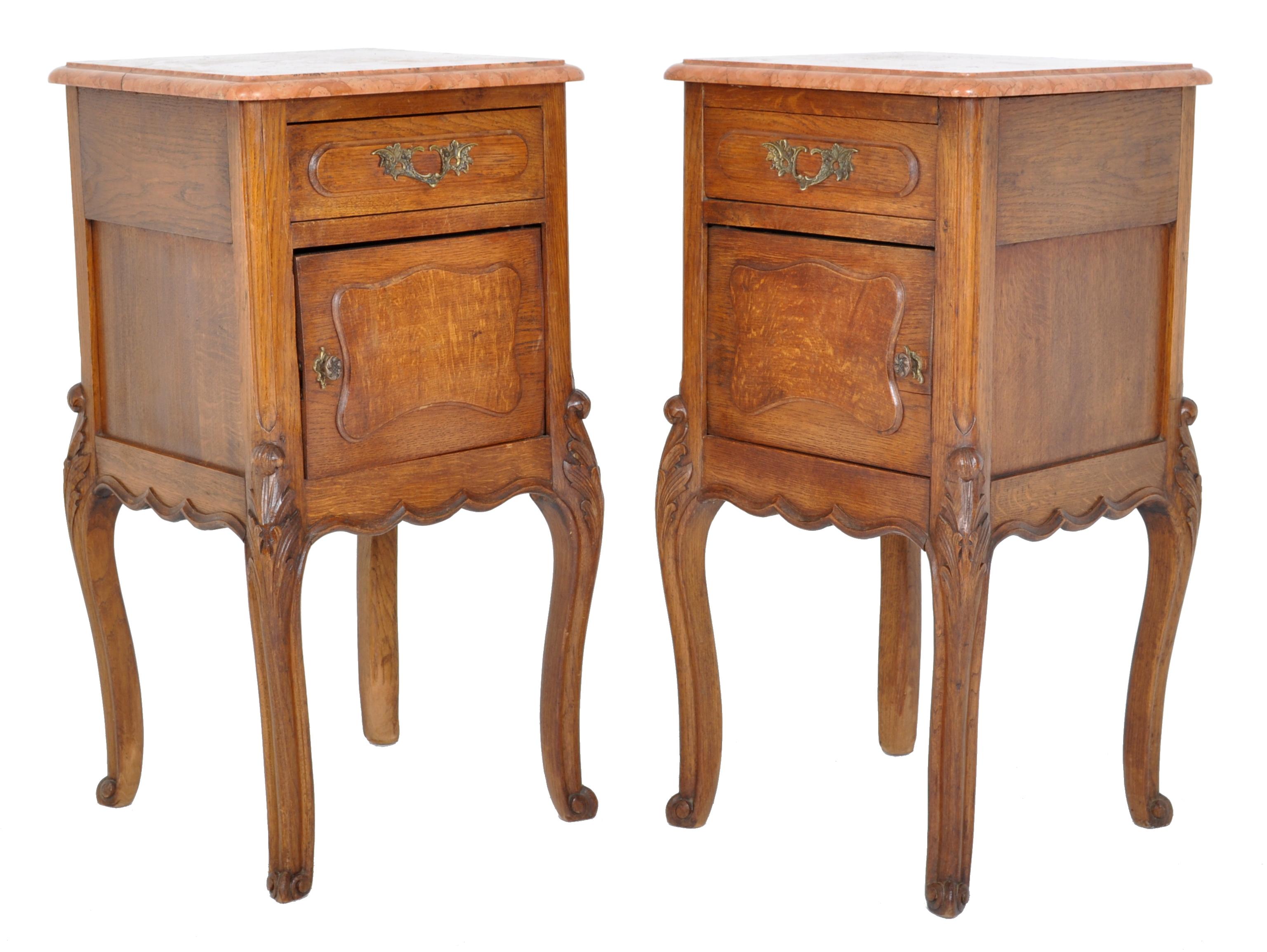Hand-Carved Pair of Antique French Provincial Carved Oak Marble-Top Nightstands, circa 1890