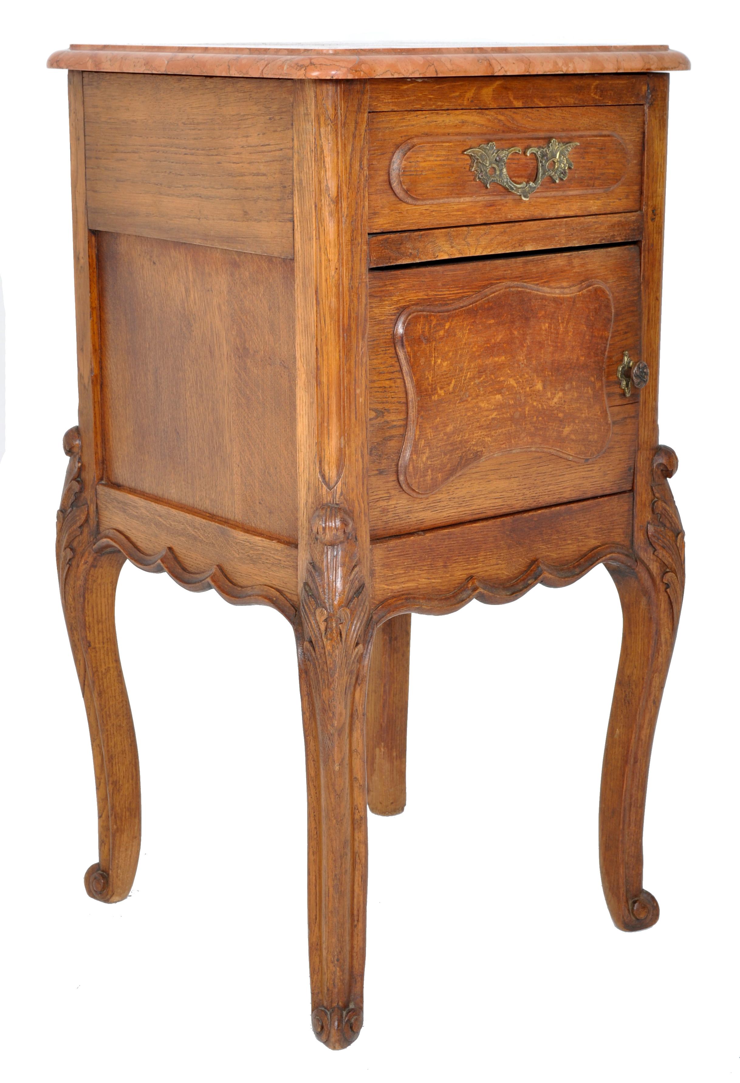 19th Century Pair of Antique French Provincial Carved Oak Marble-Top Nightstands, circa 1890