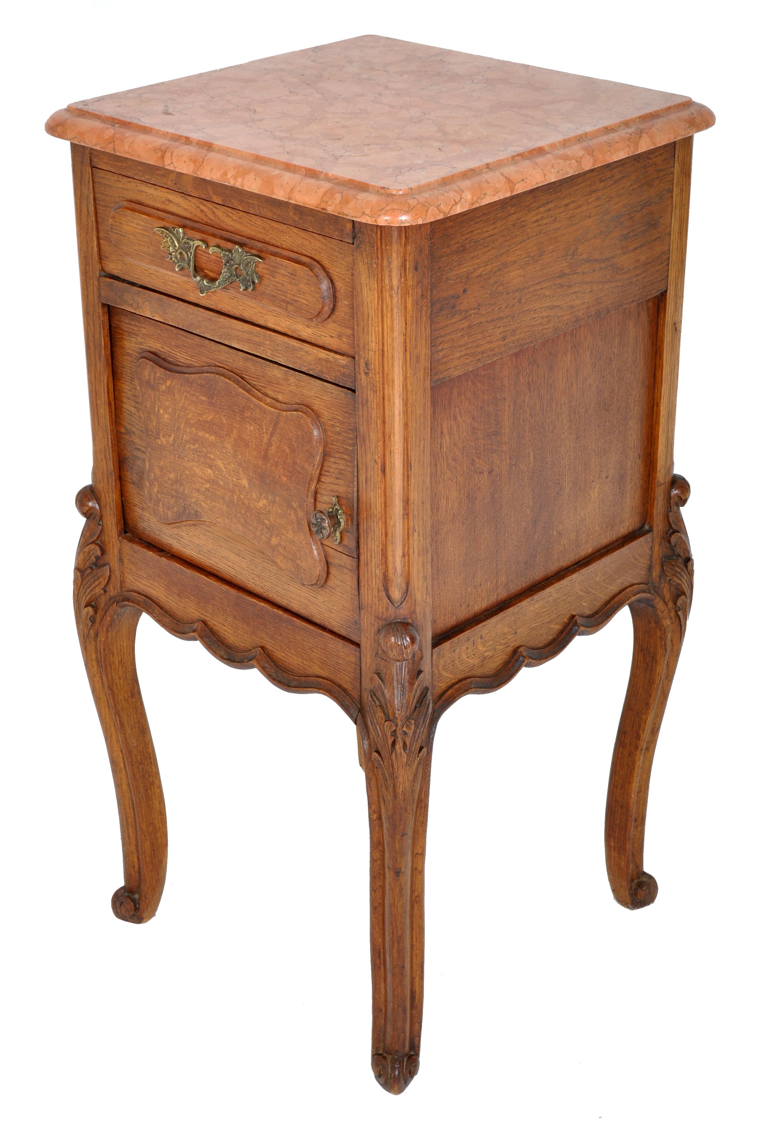 Pair of Antique French Provincial Carved Oak Marble-Top Nightstands, circa 1890 3