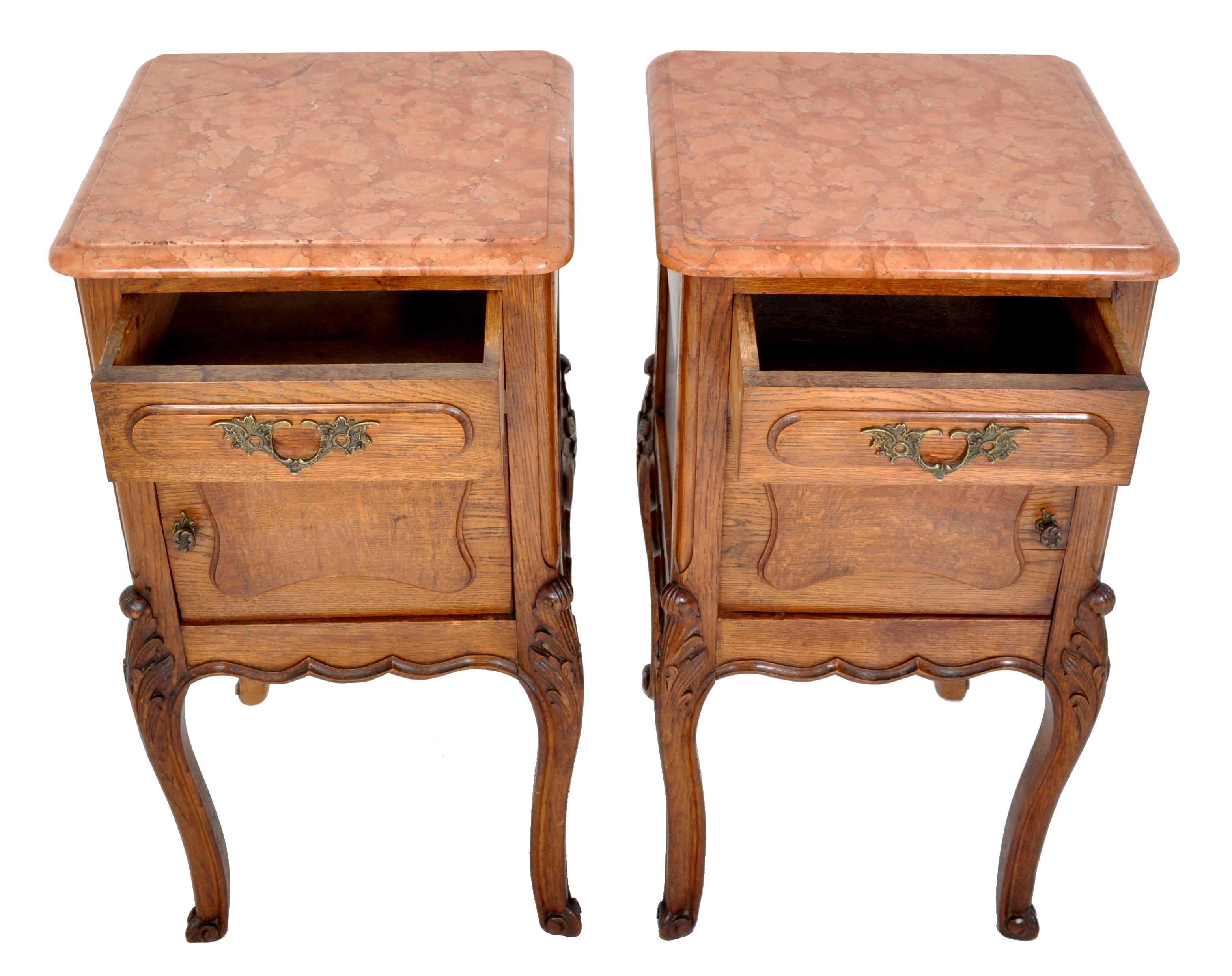 Pair of Antique French Provincial Carved Oak Marble-Top Nightstands, circa 1890 4