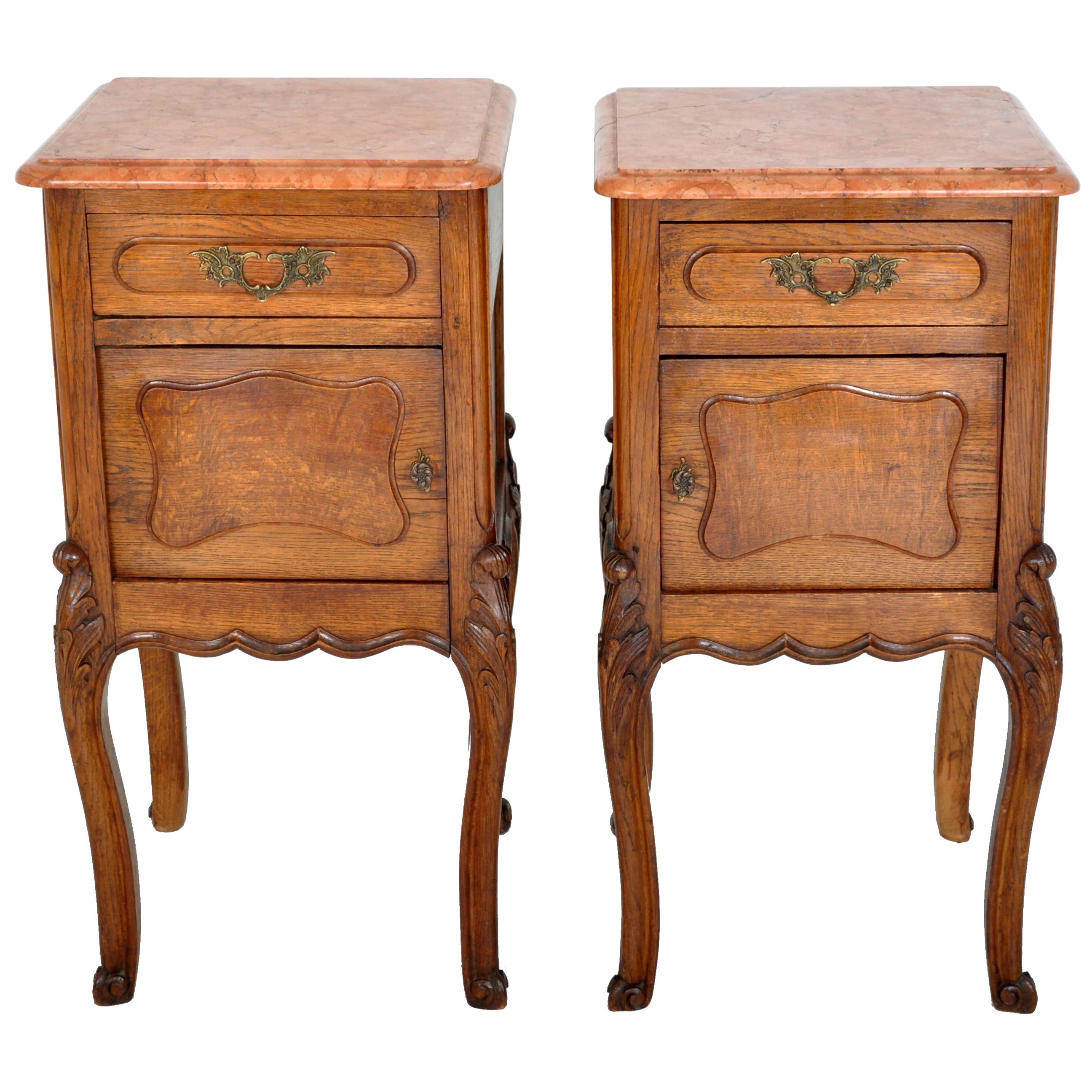 Pair of Antique French Provincial Carved Oak Marble-Top Nightstands, circa 1890