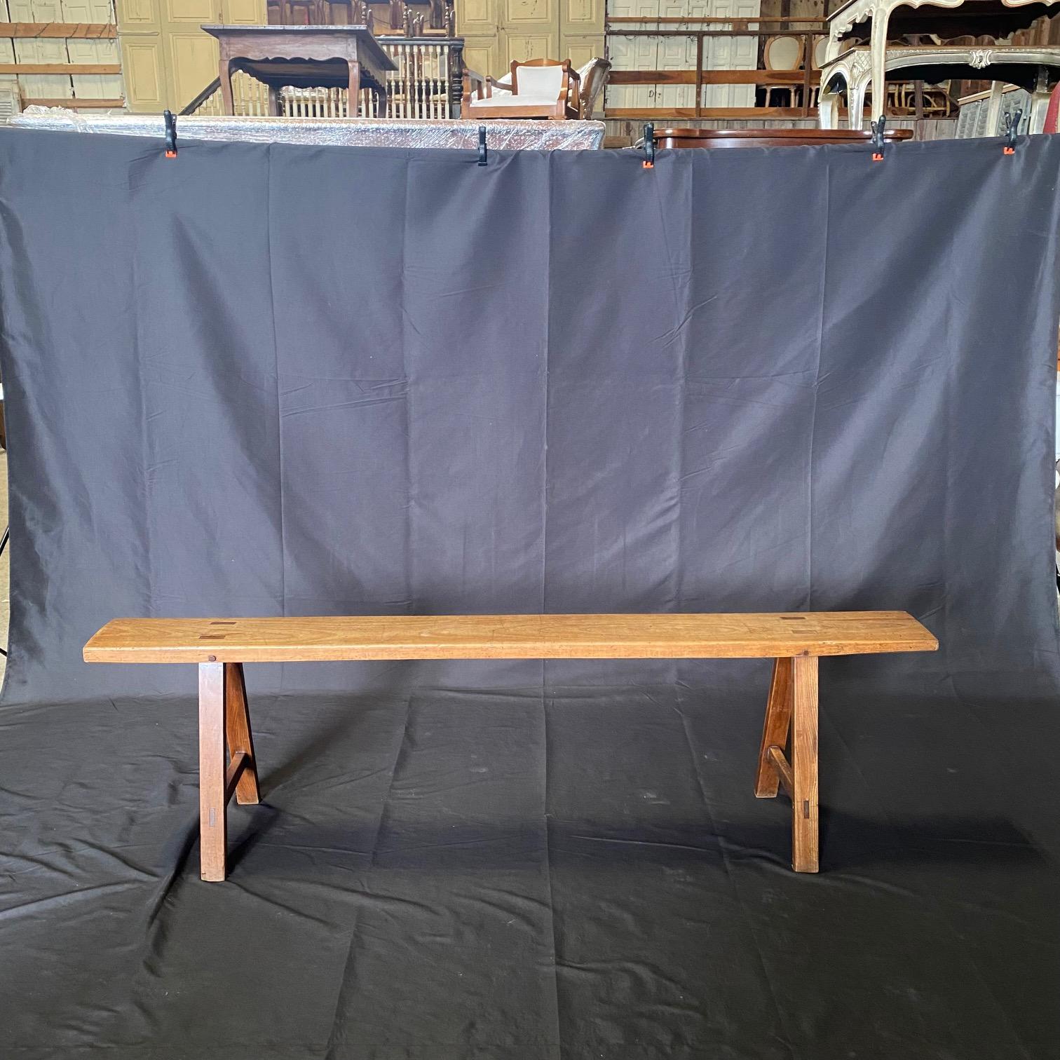 Pair of Antique French Provincial Farmhouse Walnut Trestle Base Benches Provincial francés en venta