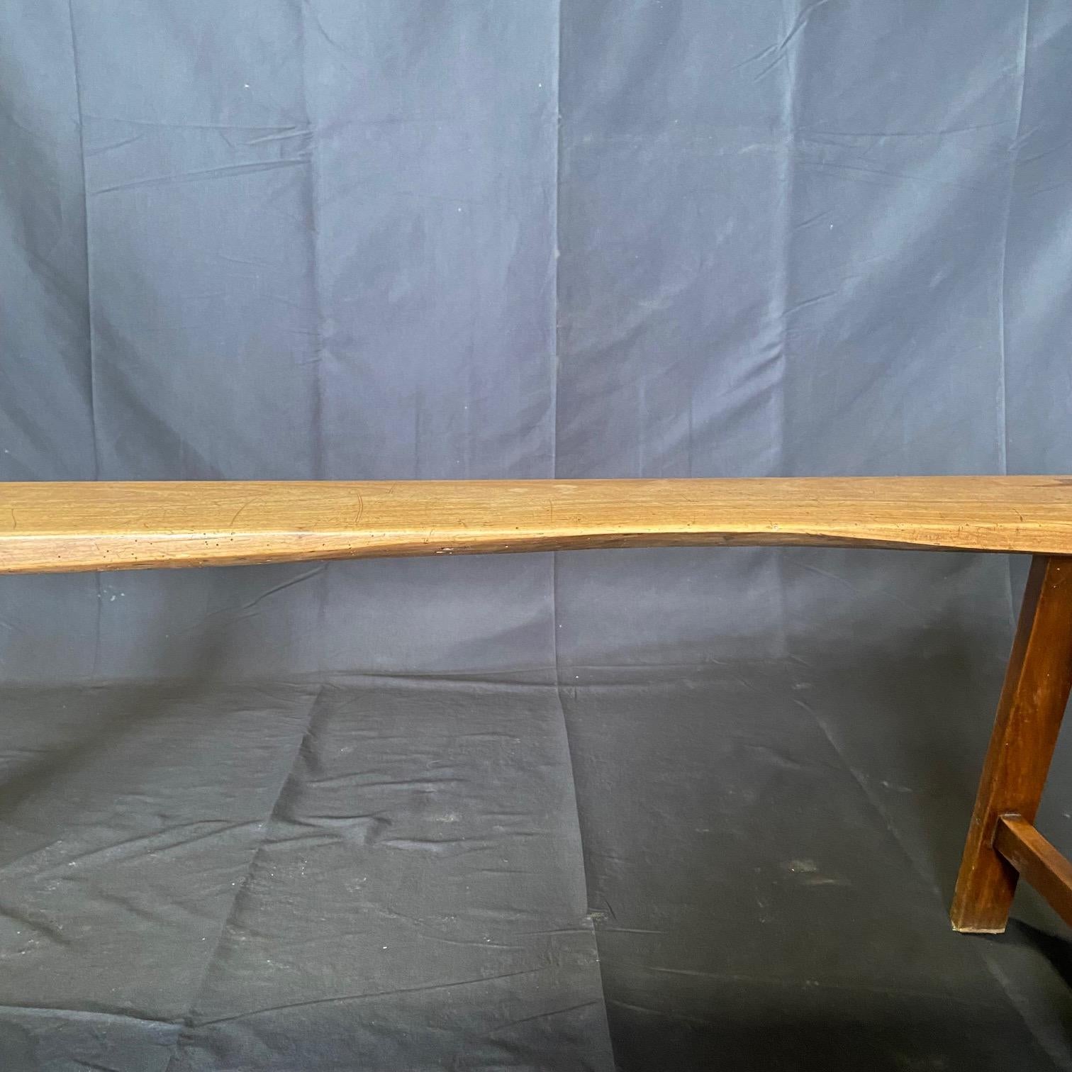 Pair of Antique French Provincial Farmhouse Walnut Trestle Base Benches Francés en venta