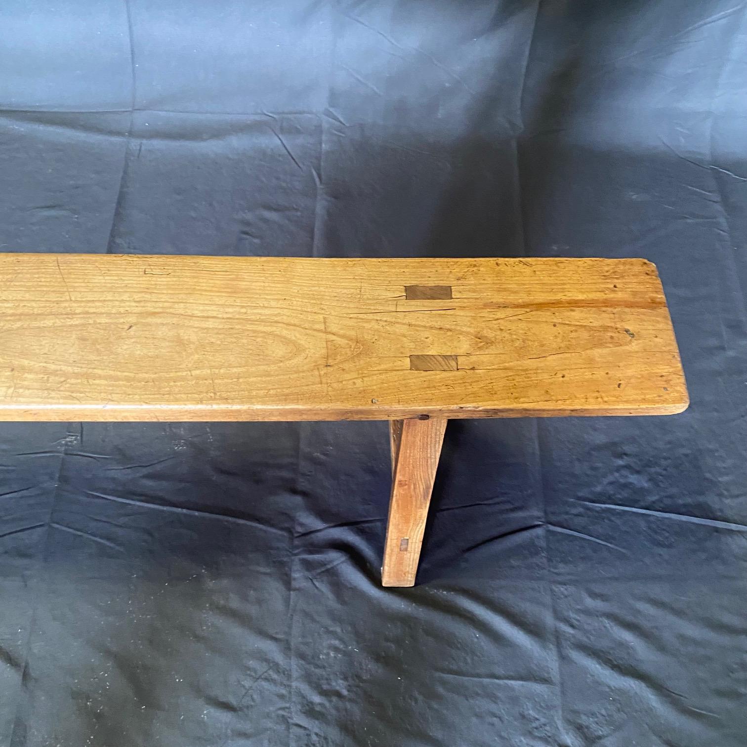 Pair of Antique French Provincial Farmhouse Walnut Trestle Base Benches Pino en venta