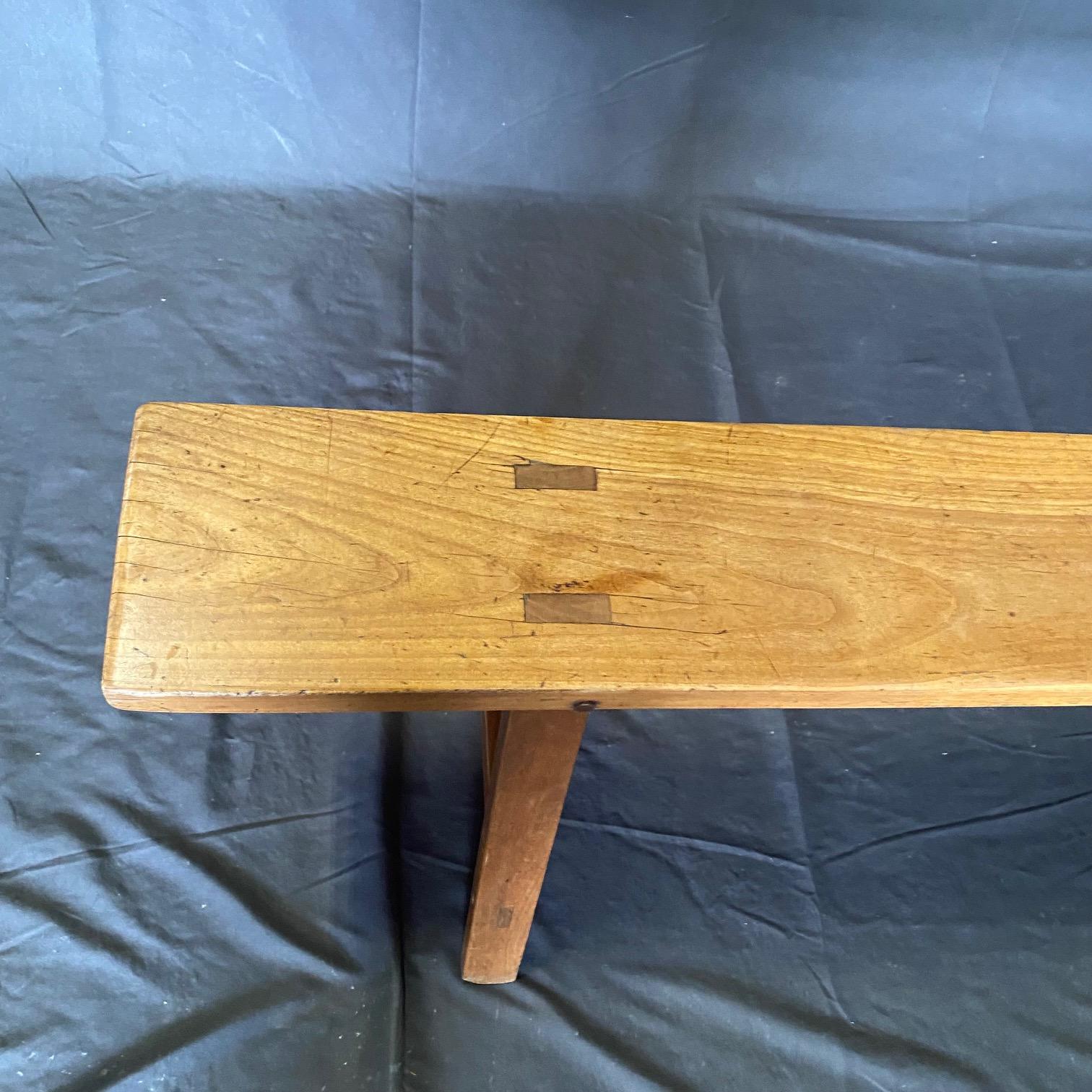 Pair of Antique French Provincial Farmhouse Walnut Trestle Base Benches en venta 1