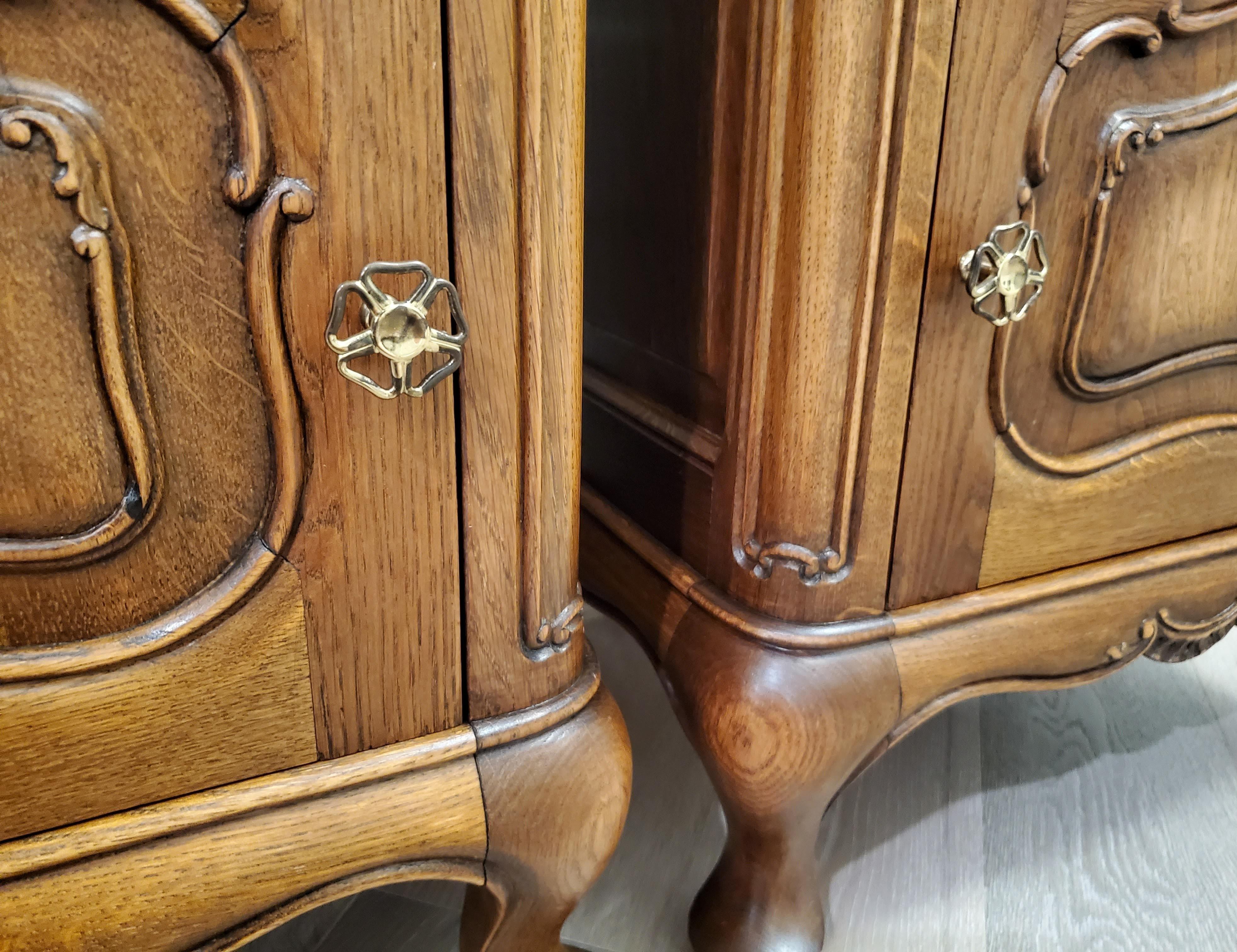 Elm Pair of Antique French Provincial Figured Bedside Cabinets