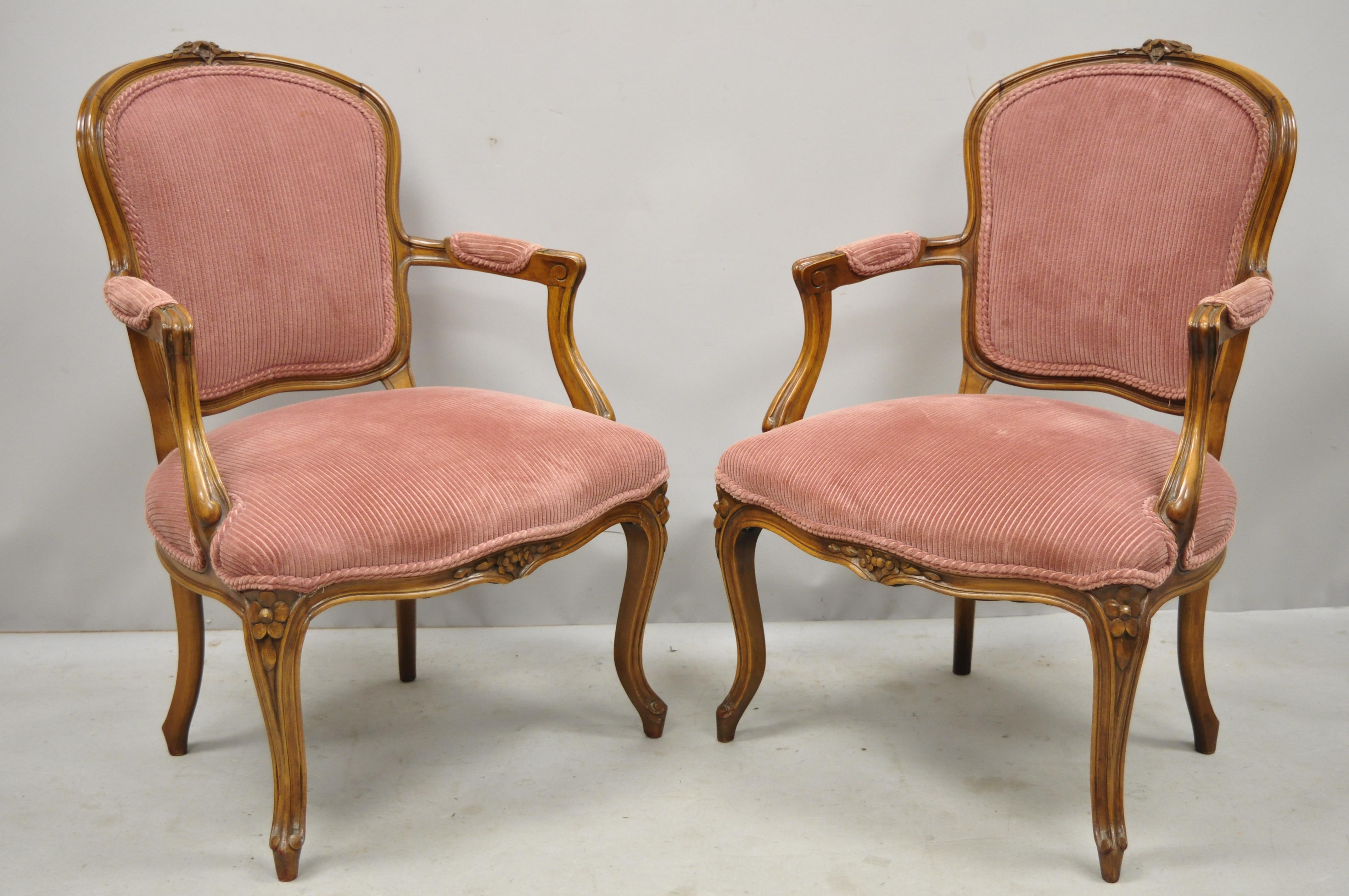 Pair of Antique French Provincial Louis XV Style Carved Walnut Small Armchairs 4