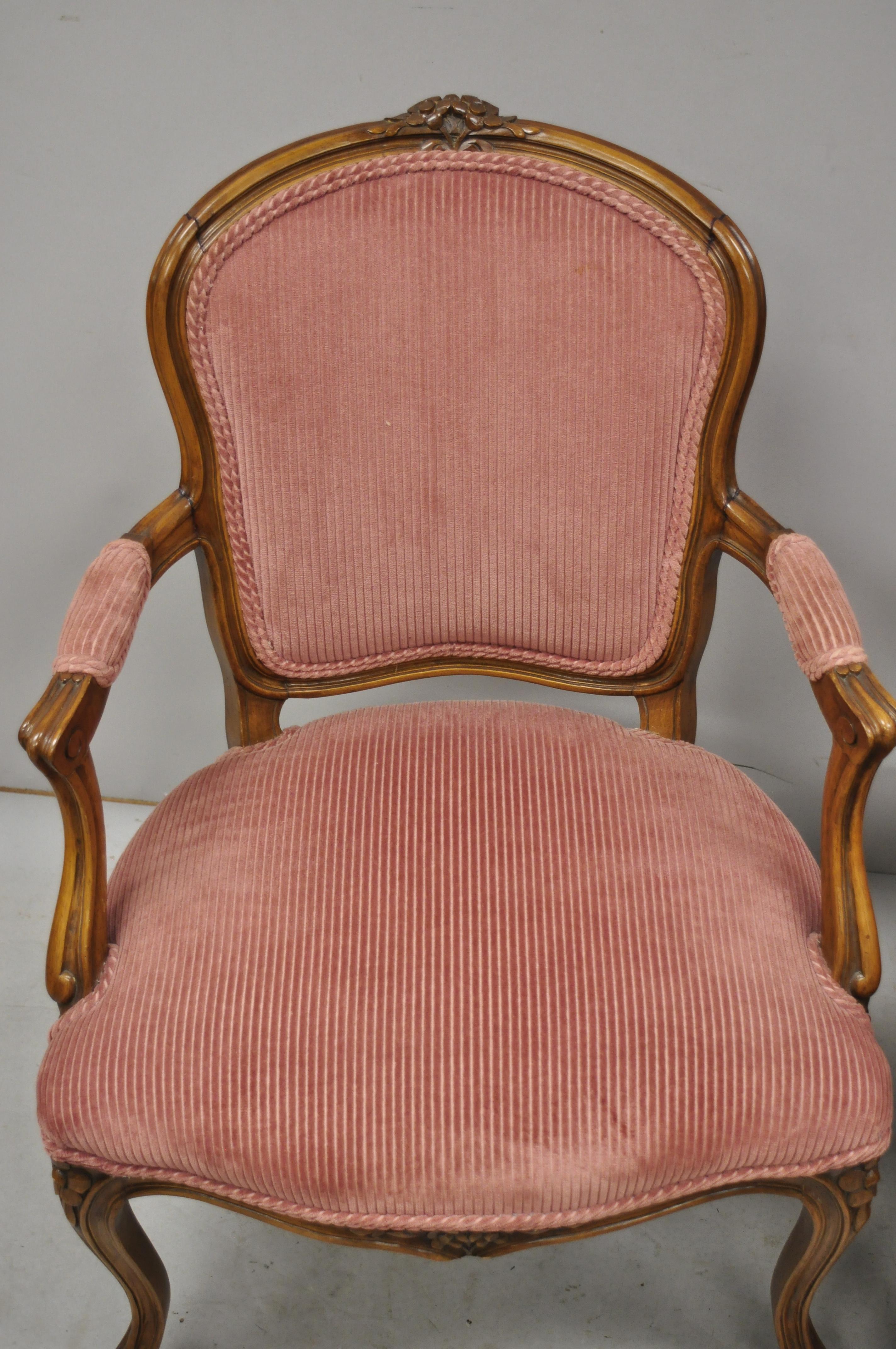 North American Pair of Antique French Provincial Louis XV Style Carved Walnut Small Armchairs