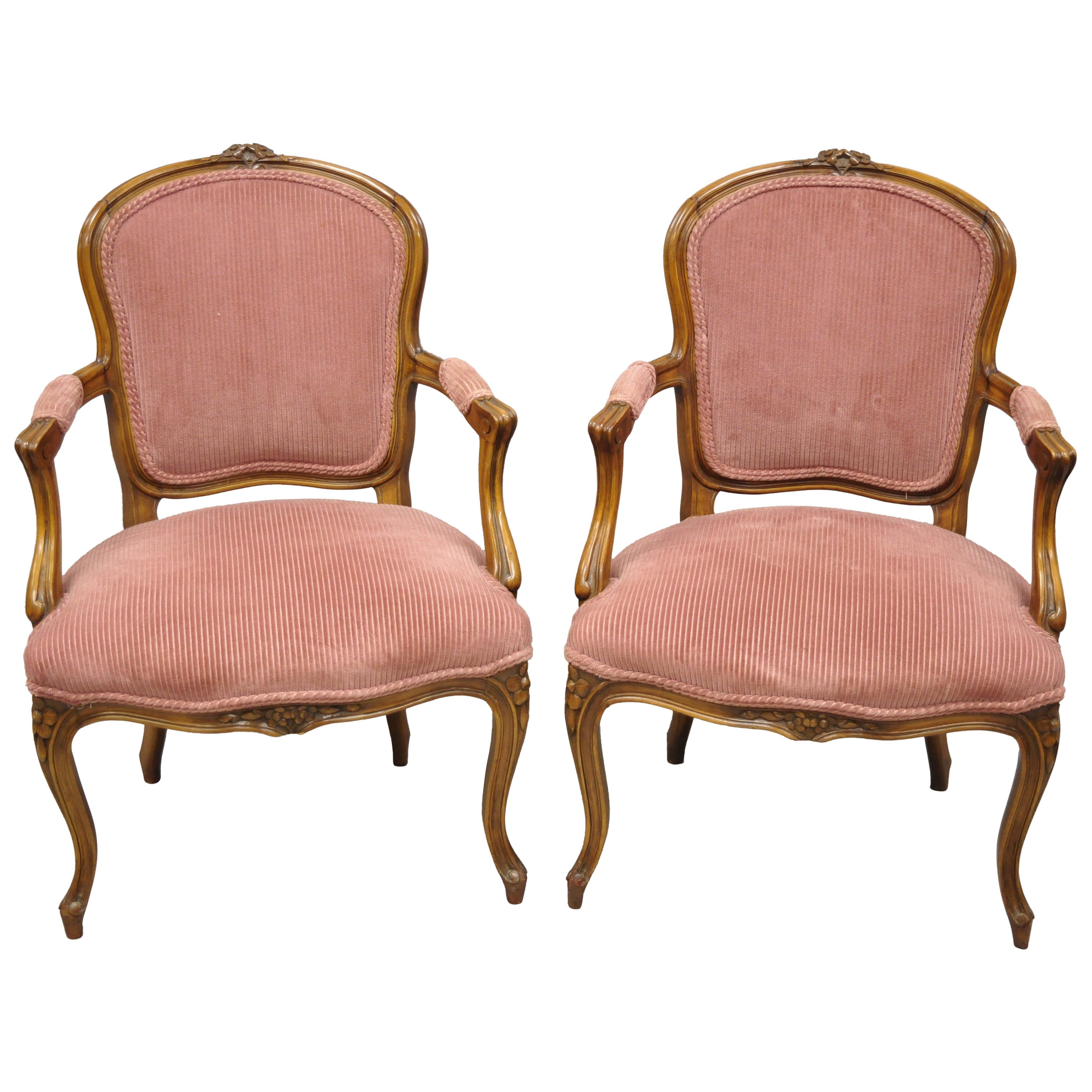 Pair of Antique French Provincial Louis XV Style Carved Walnut Small Armchairs