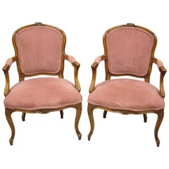 Pair of Antique French Provincial Louis XV Style Carved Walnut Small Armchairs