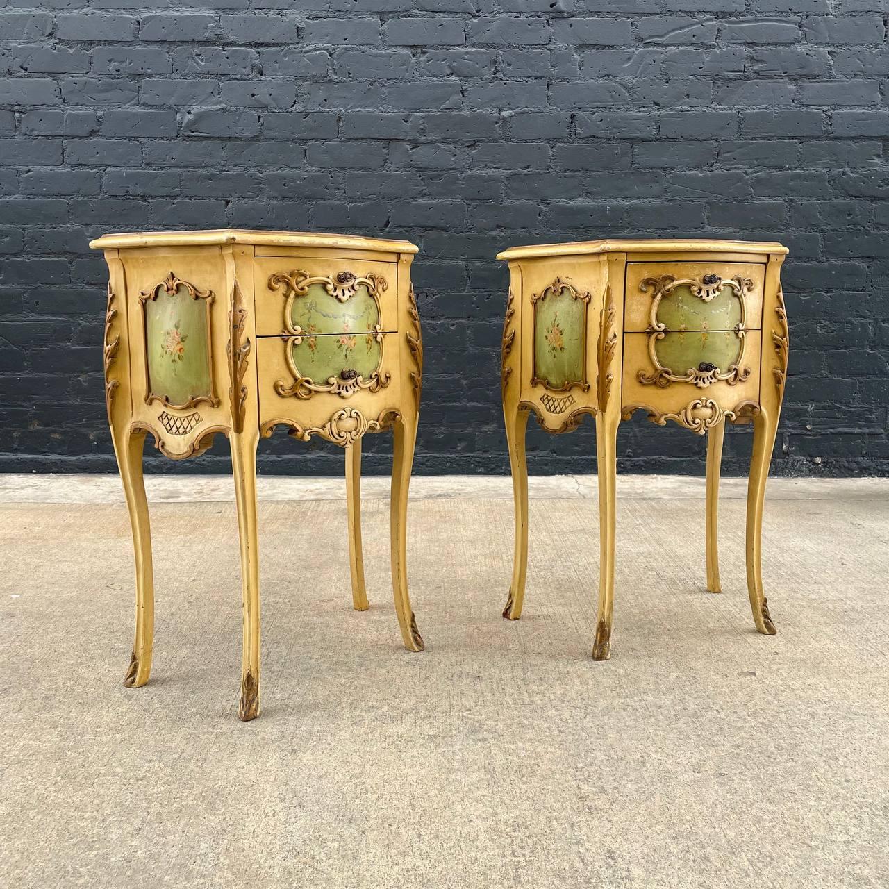 Pair of Antique French Provincial Night Stands or End Tables

Country: France
Materials: Hand Painted Carved Wood
Style: French Antique
Year: 1960s

$2,495 pair 

Dimensions 
29”H x 21”W x 12”D.