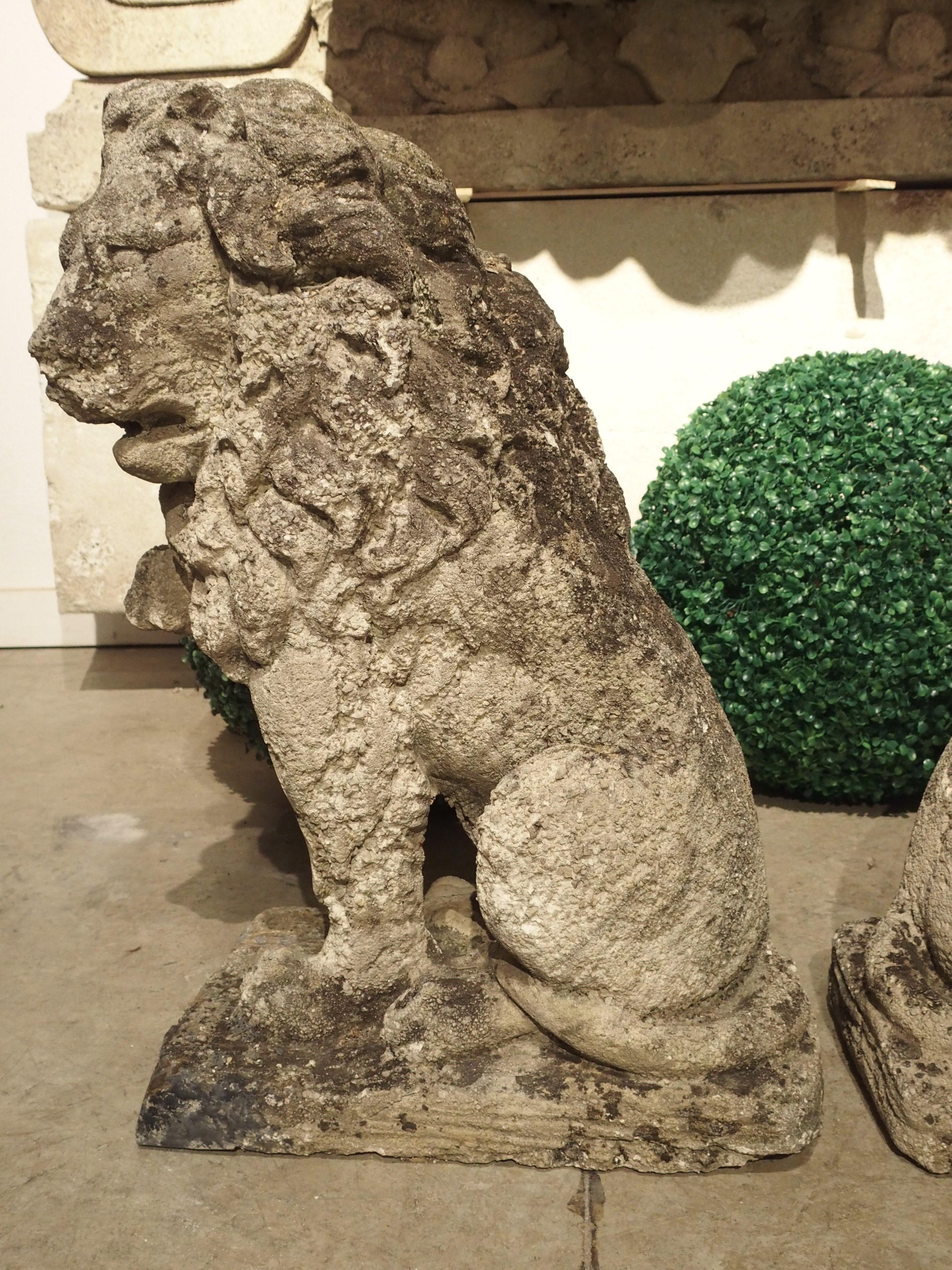 Pair of Antique French Reconstituted Stone Lions, Early 1900s 14