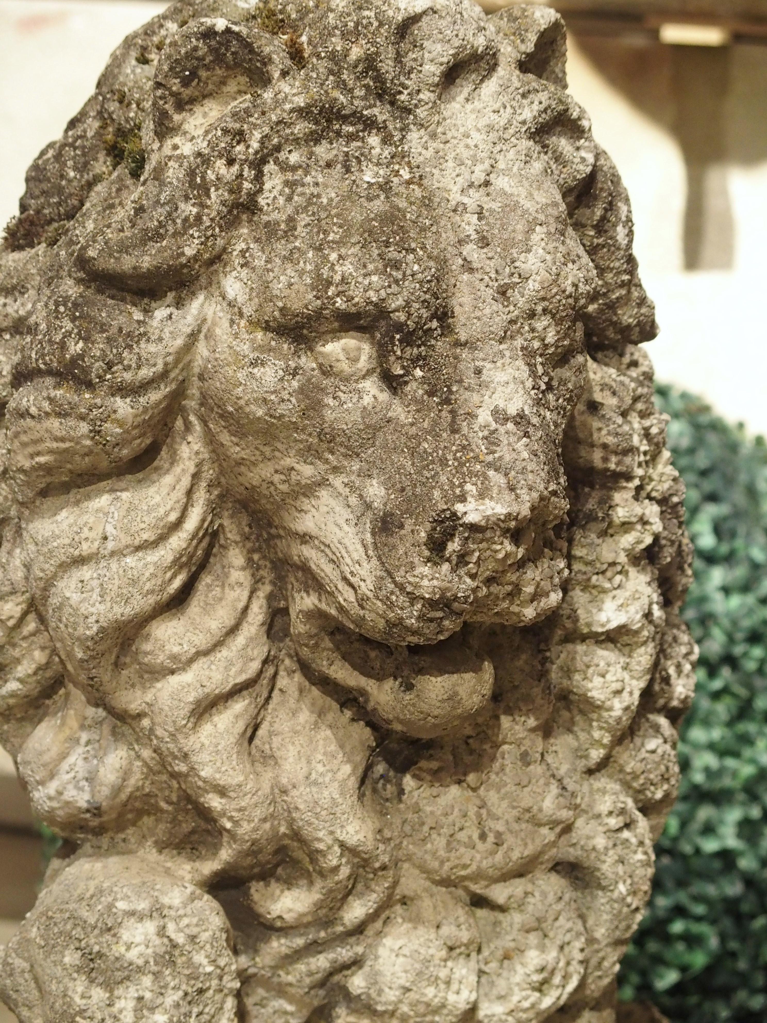 Cast Pair of Antique French Reconstituted Stone Lions, Early 1900s
