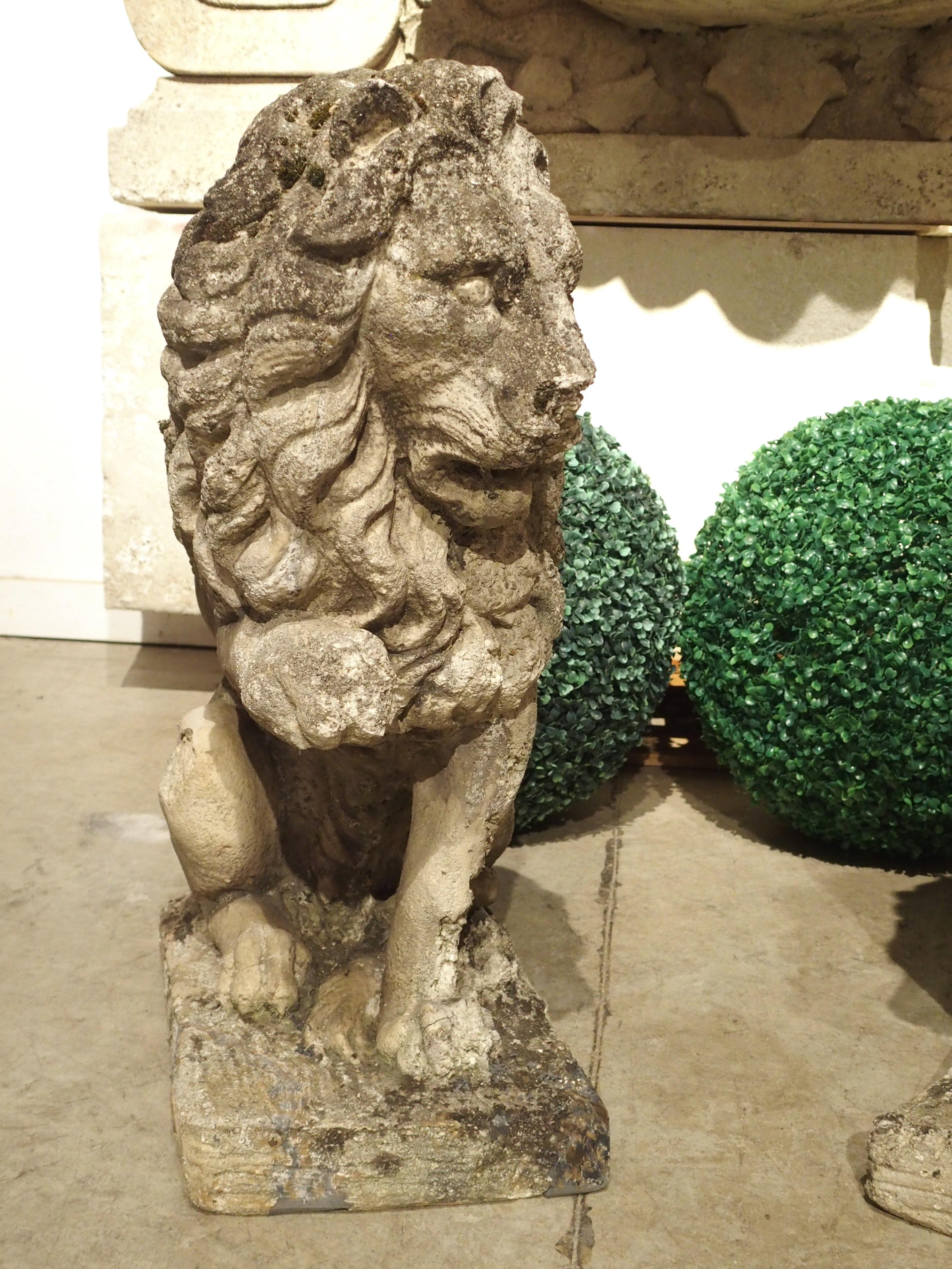 20th Century Pair of Antique French Reconstituted Stone Lions, Early 1900s