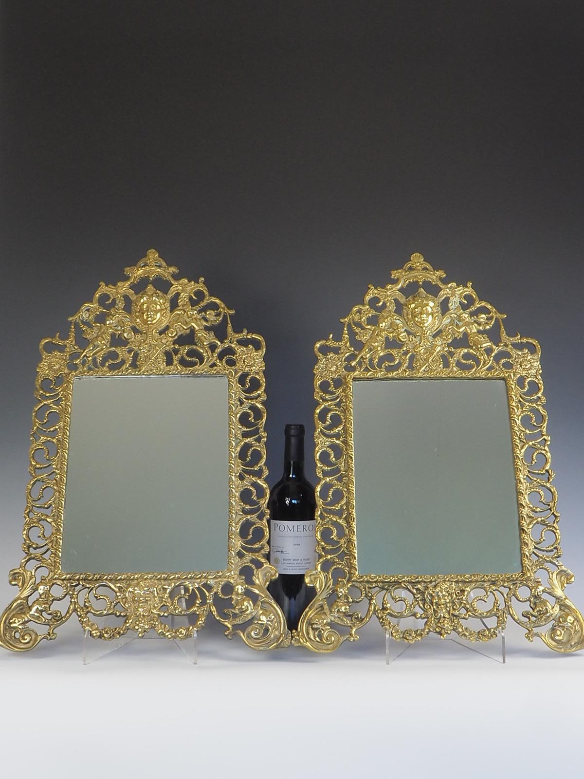 Pair of Antique French Rococo Brass Wall Mirrors In Good Condition For Sale In Lincoln, GB