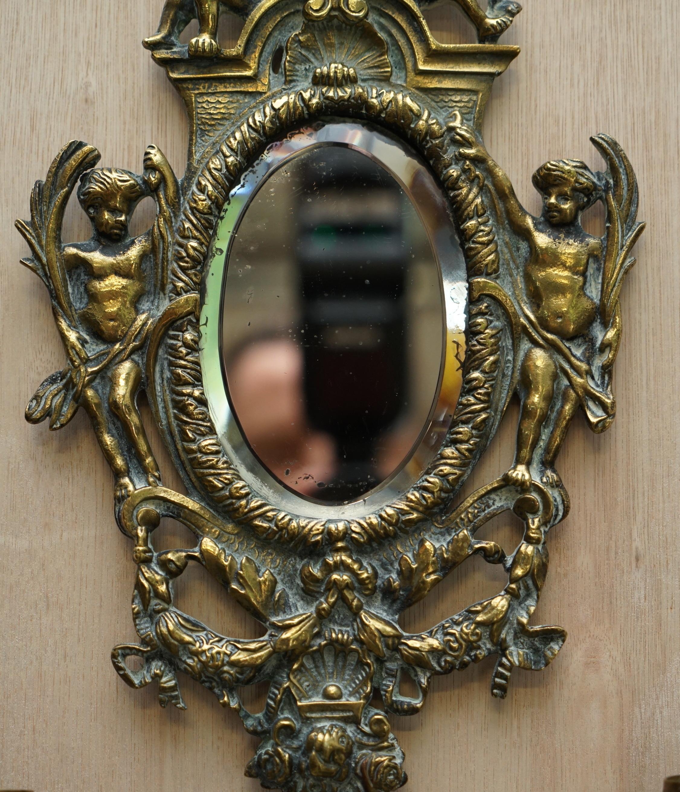 Pair of Antique French Rococo Cherub Brass Girandole Mirrors Candelabra Sconces 6