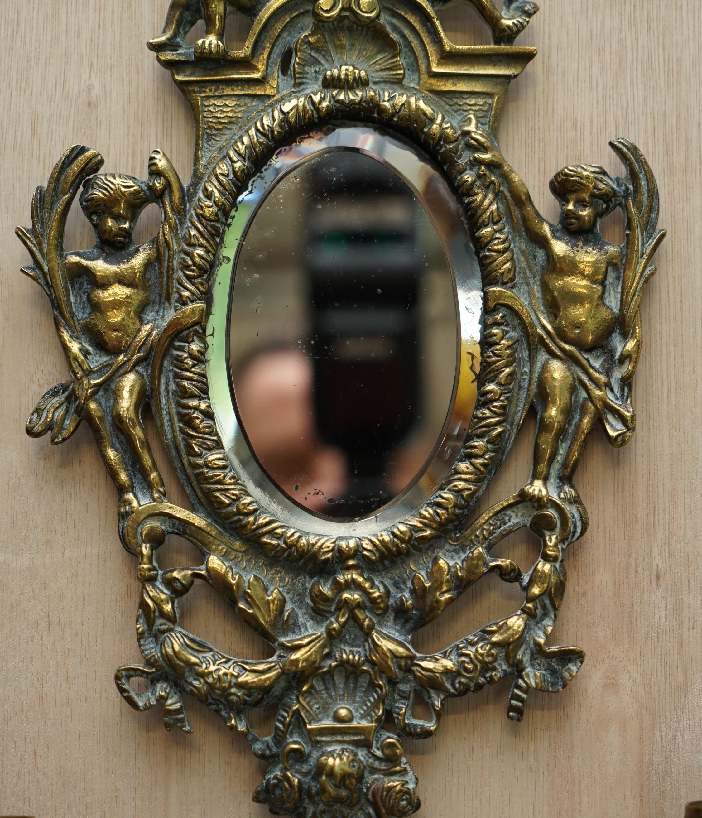 Pair of Antique French Rococo Cherub Brass Girandole Mirrors Candelabra Sconces 5