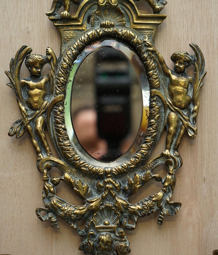 Pair of Antique French Rococo Cherub Brass Girandole Mirrors Candelabra Sconces For Sale 6