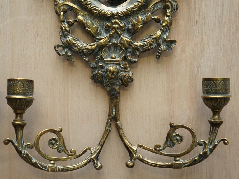 Pair of Antique French Rococo Cherub Brass Girandole Mirrors Candelabra Sconces For Sale 7