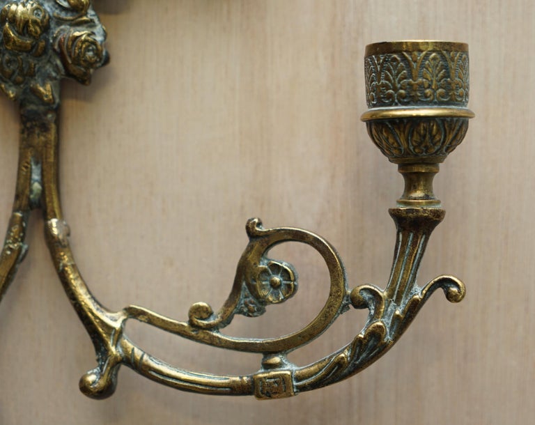 Pair of Antique French Rococo Cherub Brass Girandole Mirrors Candelabra Sconces For Sale 8