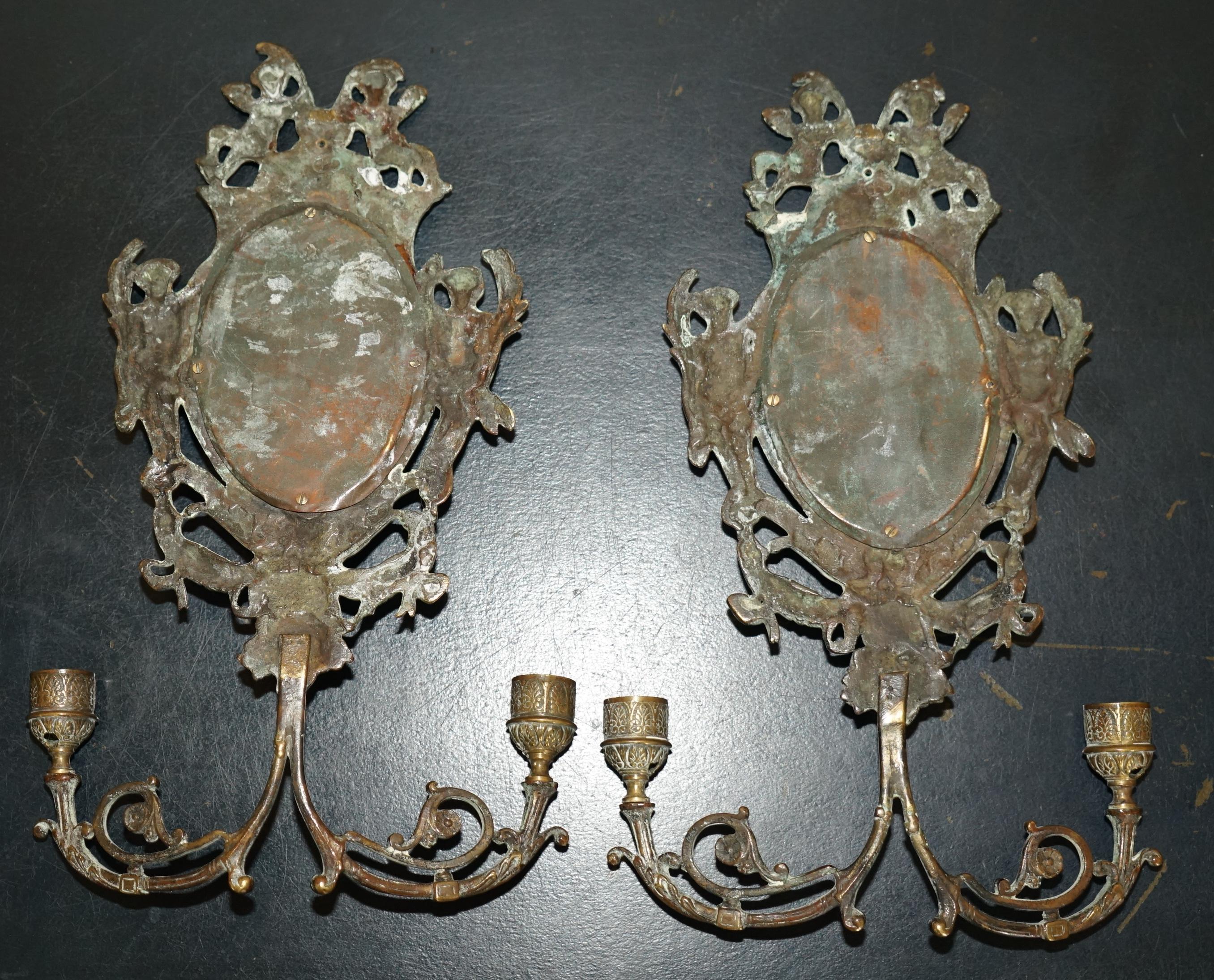 Pair of Antique French Rococo Cherub Brass Girandole Mirrors Candelabra Sconces 9