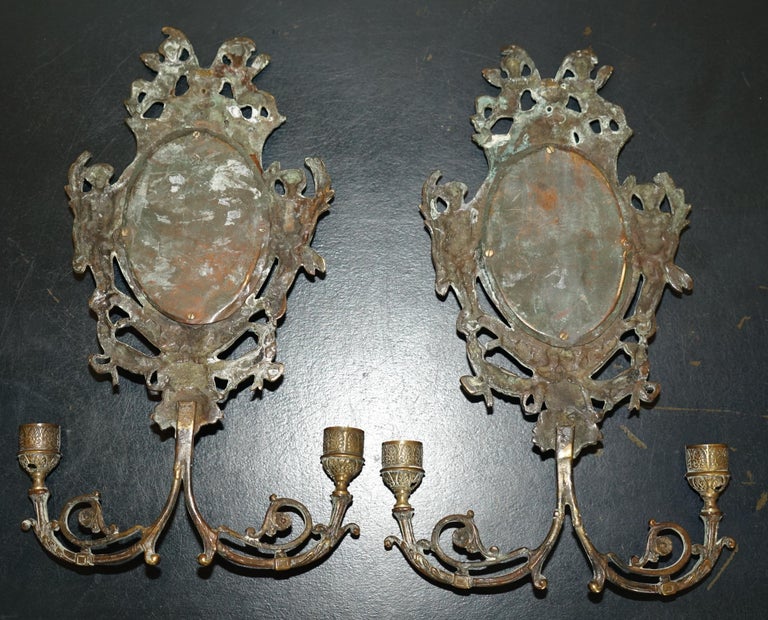 Pair of Antique French Rococo Cherub Brass Girandole Mirrors Candelabra Sconces For Sale 9
