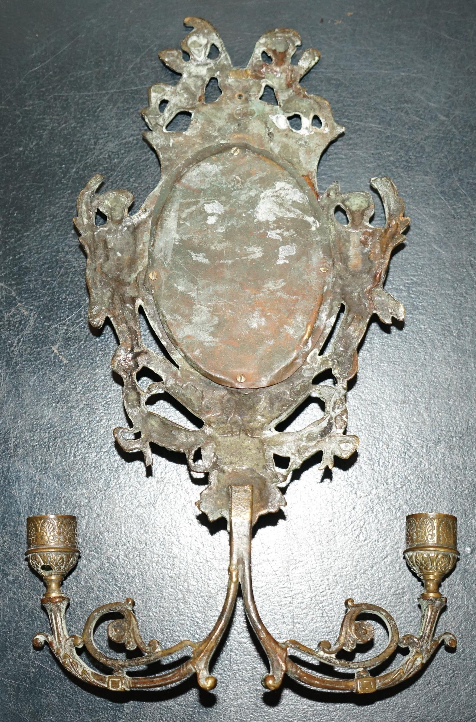 Pair of Antique French Rococo Cherub Brass Girandole Mirrors Candelabra Sconces 10