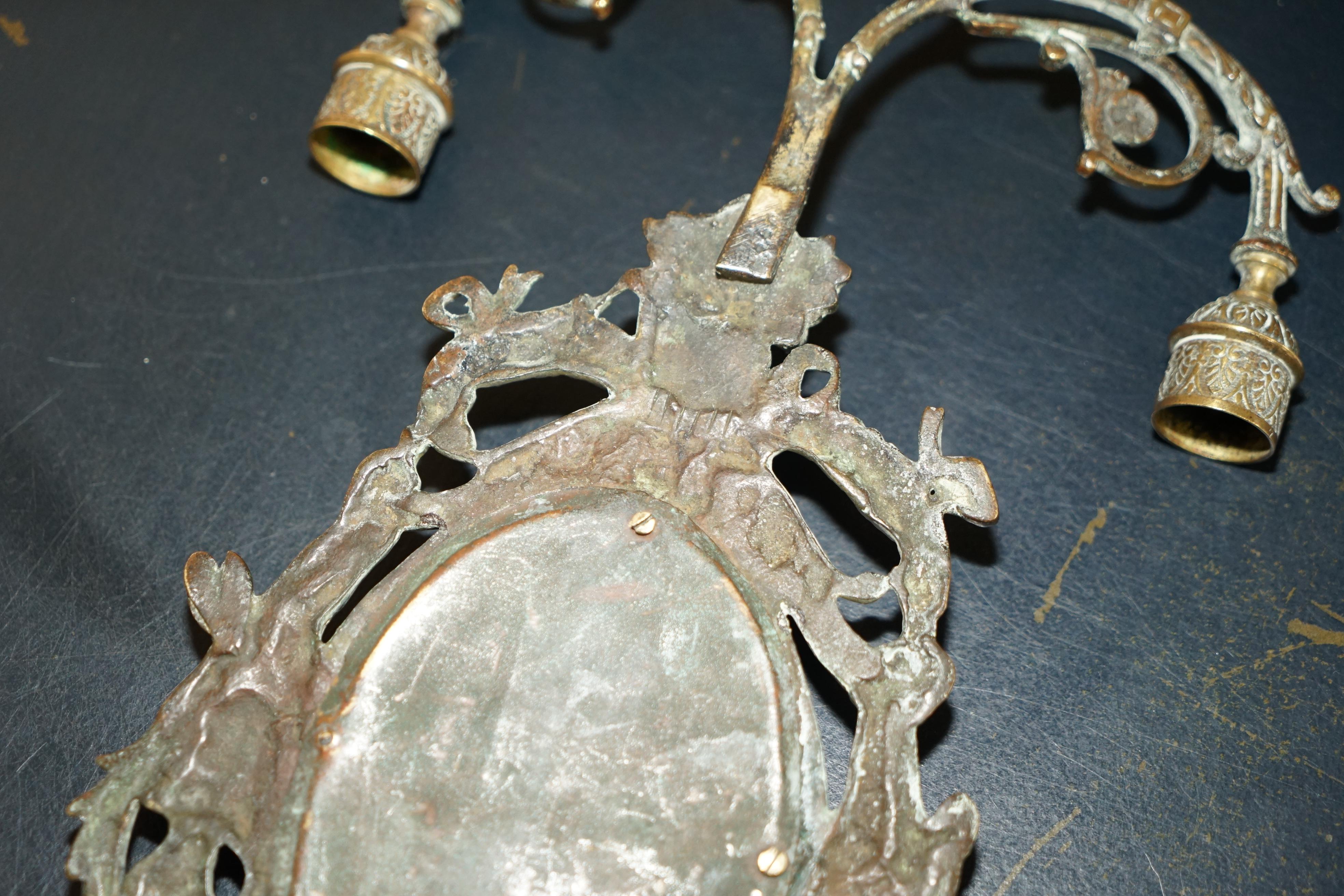 Pair of Antique French Rococo Cherub Brass Girandole Mirrors Candelabra Sconces 13
