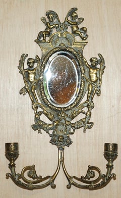 Pair of Antique French Rococo Cherub Brass Girandole Mirrors Candelabra Sconces
