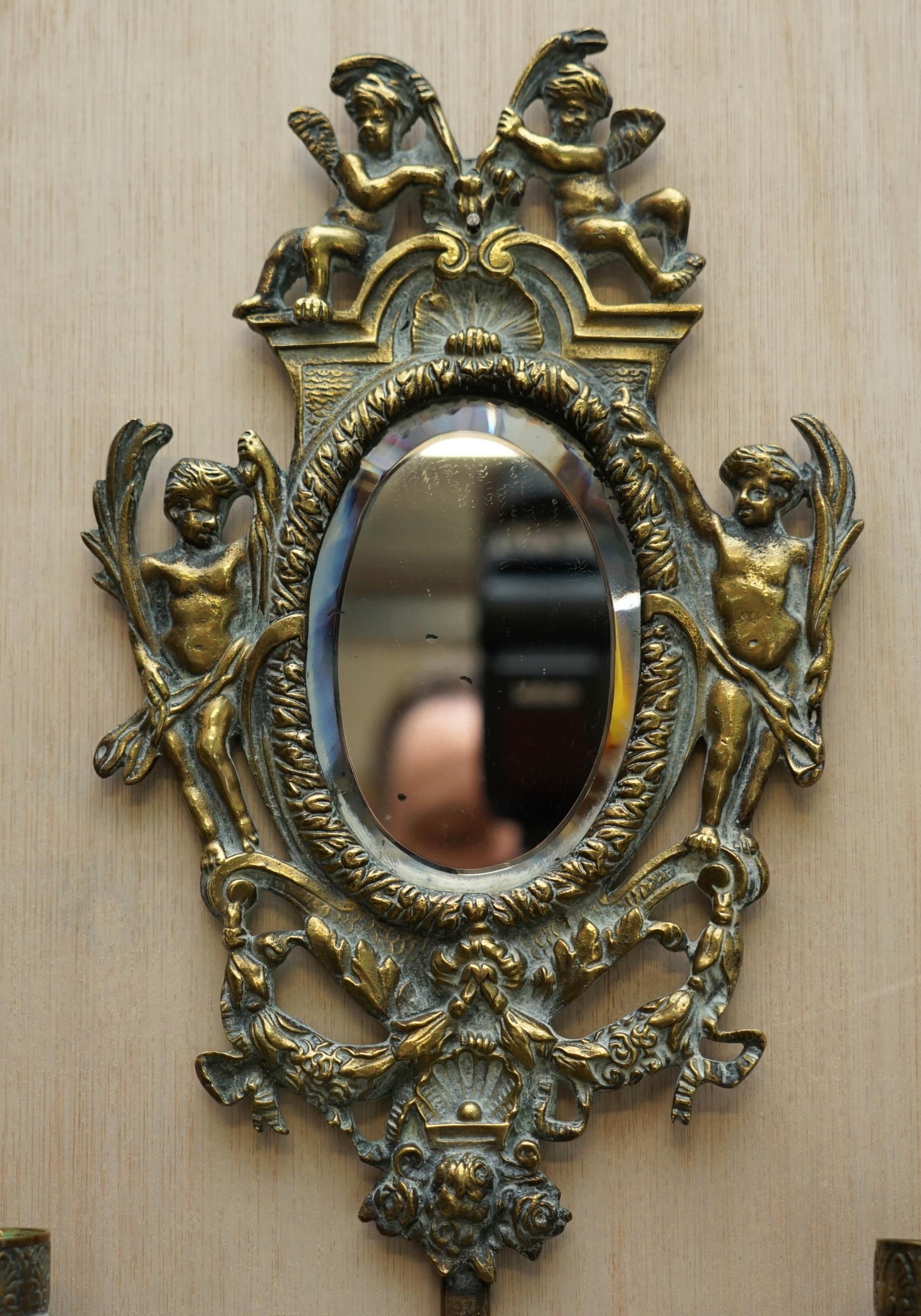 Hand-Crafted Pair of Antique French Rococo Cherub Brass Girandole Mirrors Candelabra Sconces