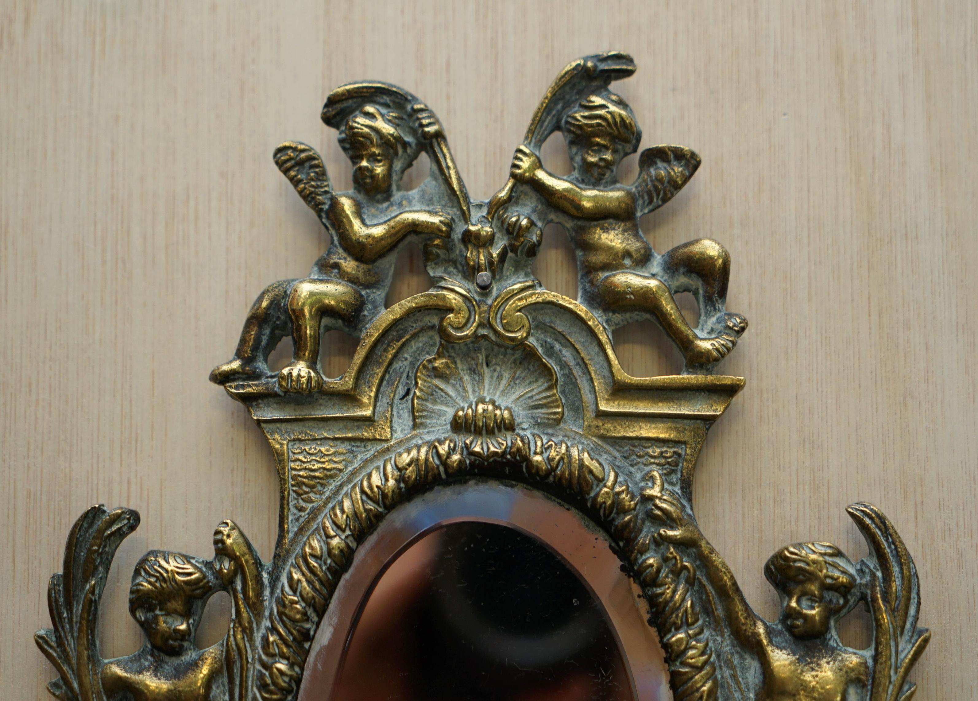 19th Century Pair of Antique French Rococo Cherub Brass Girandole Mirrors Candelabra Sconces