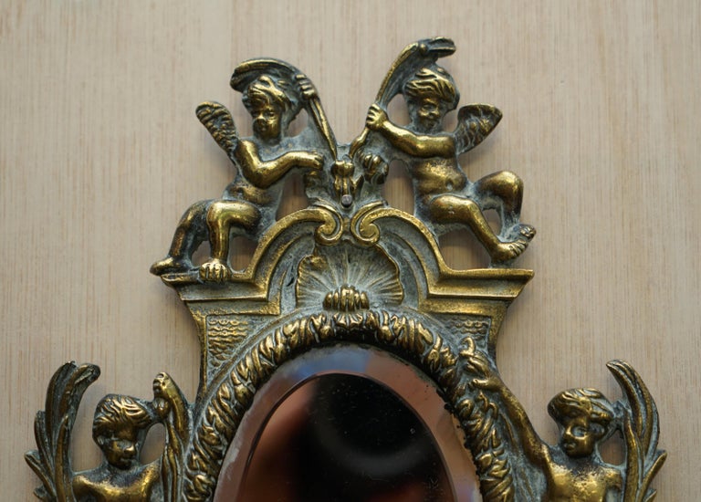 19th Century Pair of Antique French Rococo Cherub Brass Girandole Mirrors Candelabra Sconces For Sale