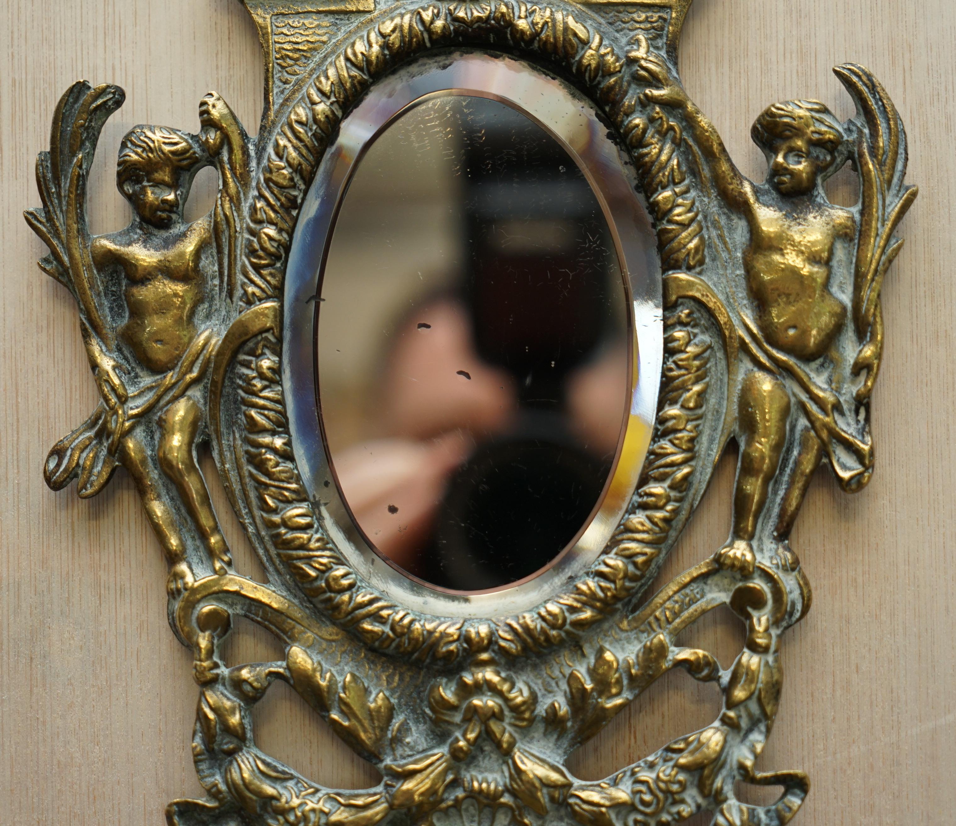 Pair of Antique French Rococo Cherub Brass Girandole Mirrors Candelabra Sconces 1