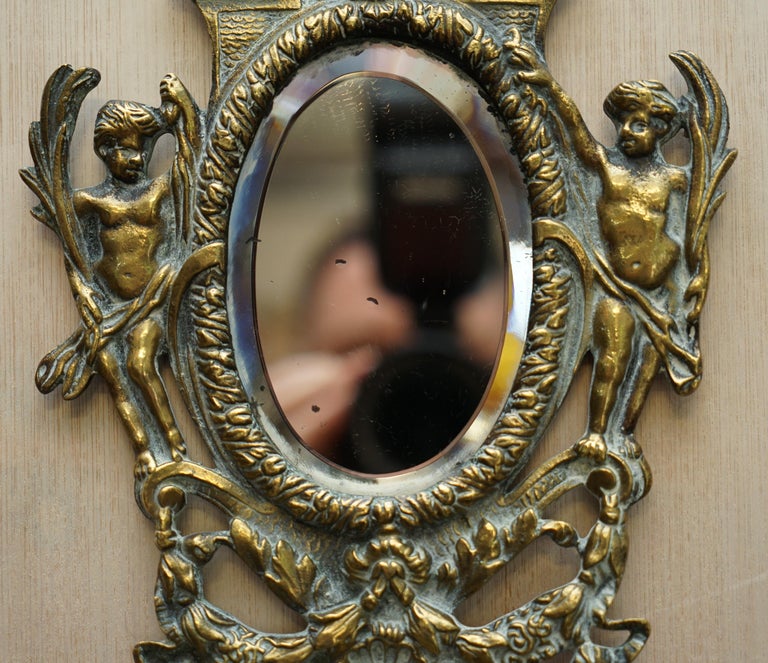 Pair of Antique French Rococo Cherub Brass Girandole Mirrors Candelabra Sconces For Sale 1