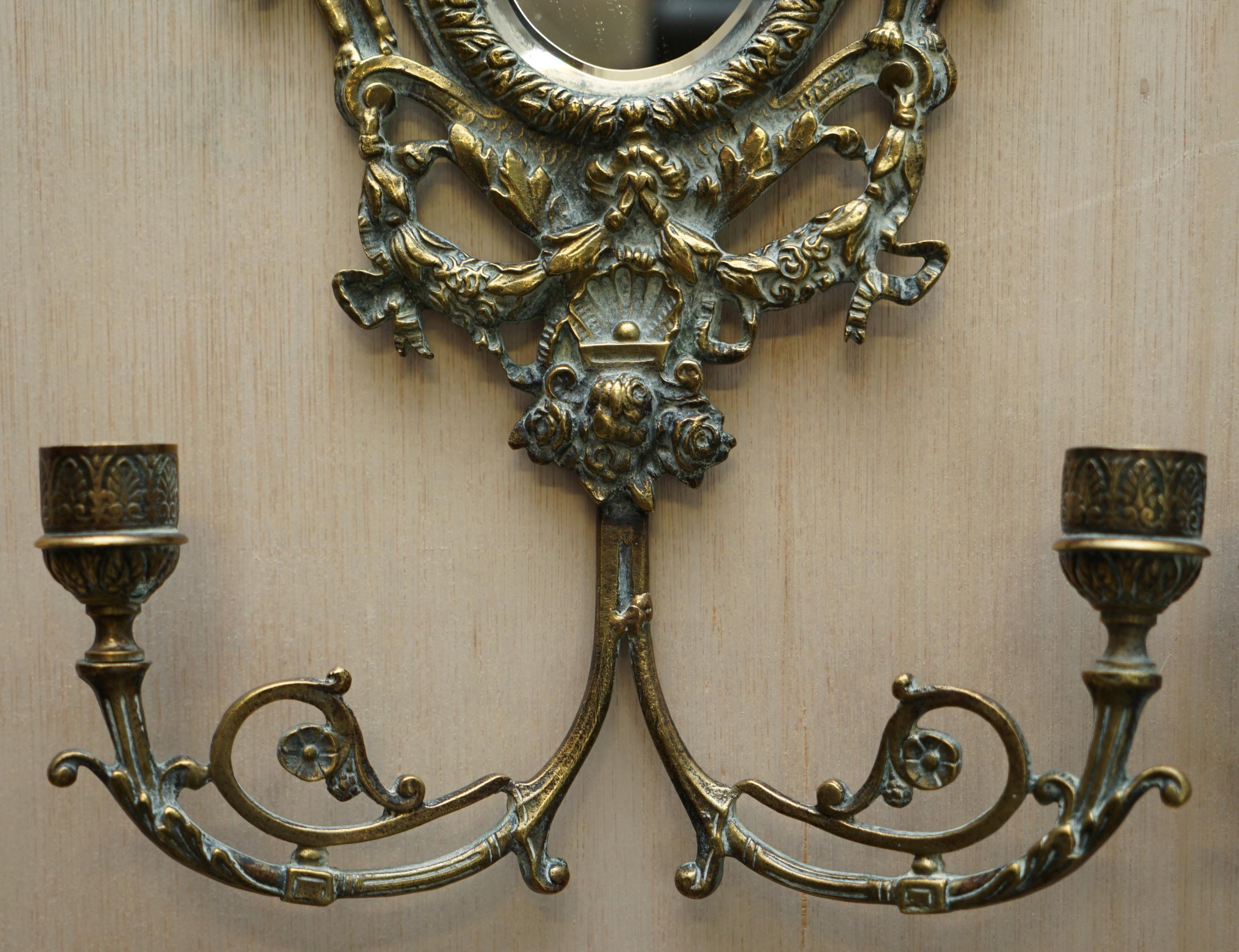 Pair of Antique French Rococo Cherub Brass Girandole Mirrors Candelabra Sconces 2