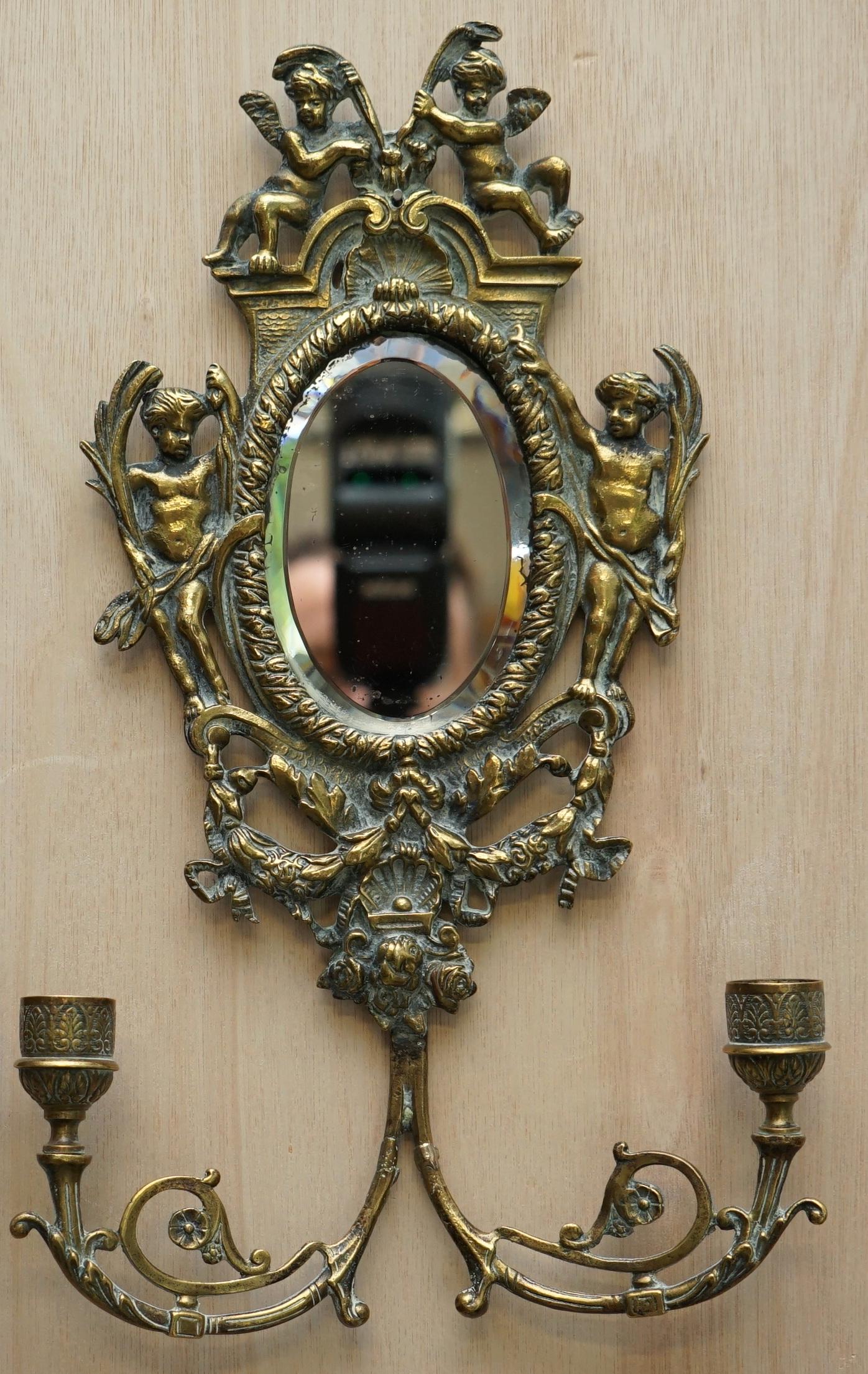 Pair of Antique French Rococo Cherub Brass Girandole Mirrors Candelabra Sconces 4
