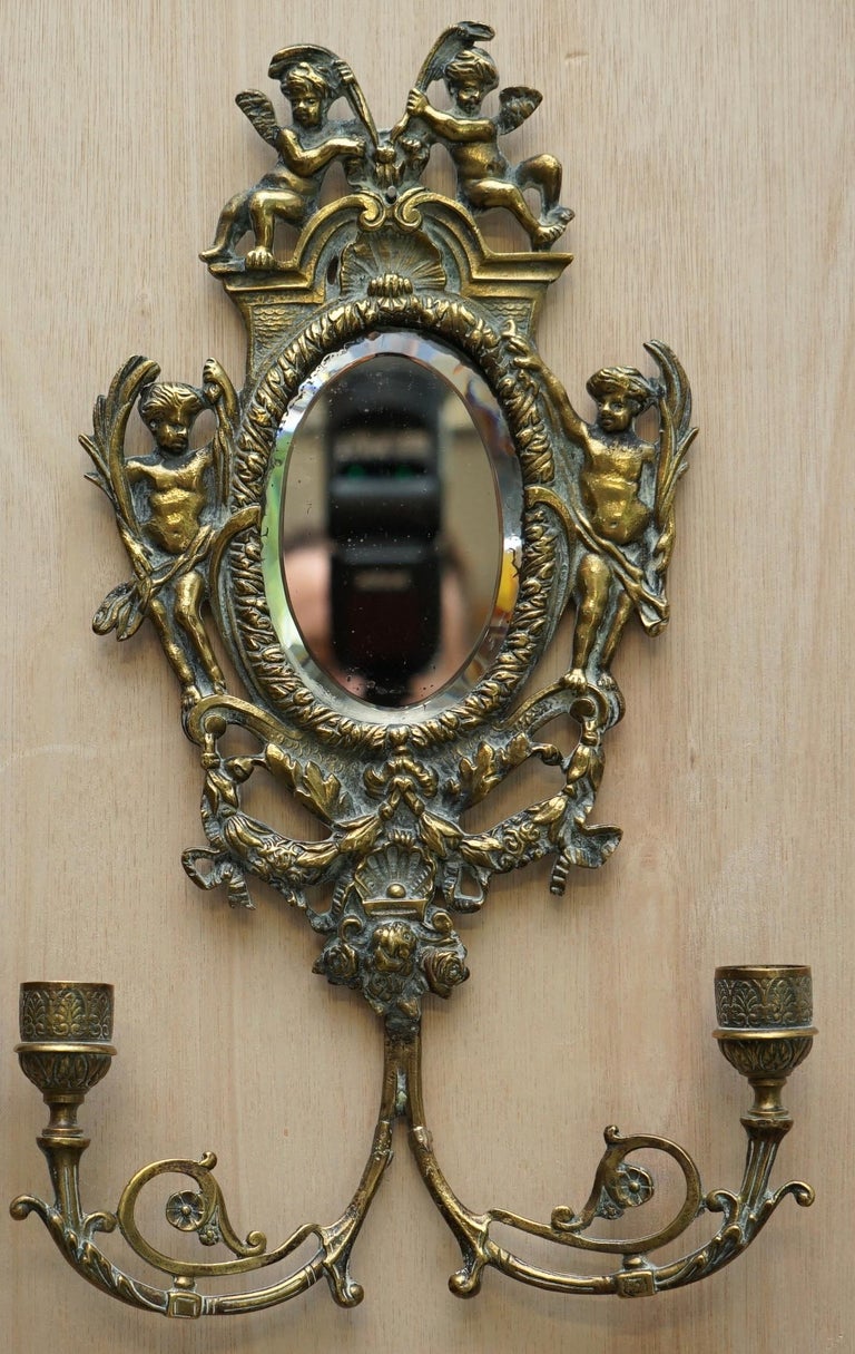 Pair of Antique French Rococo Cherub Brass Girandole Mirrors Candelabra Sconces For Sale 4