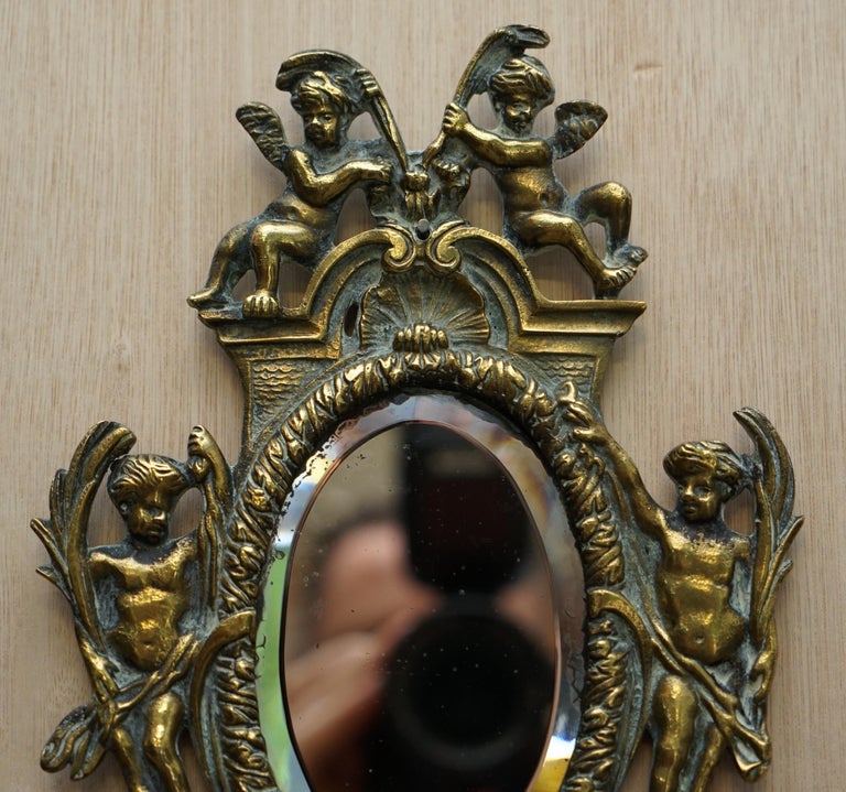 Pair of Antique French Rococo Cherub Brass Girandole Mirrors Candelabra Sconces For Sale 5