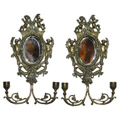 Pair of Antique French Rococo Cherub Brass Girandole Mirrors Candelabra Sconces